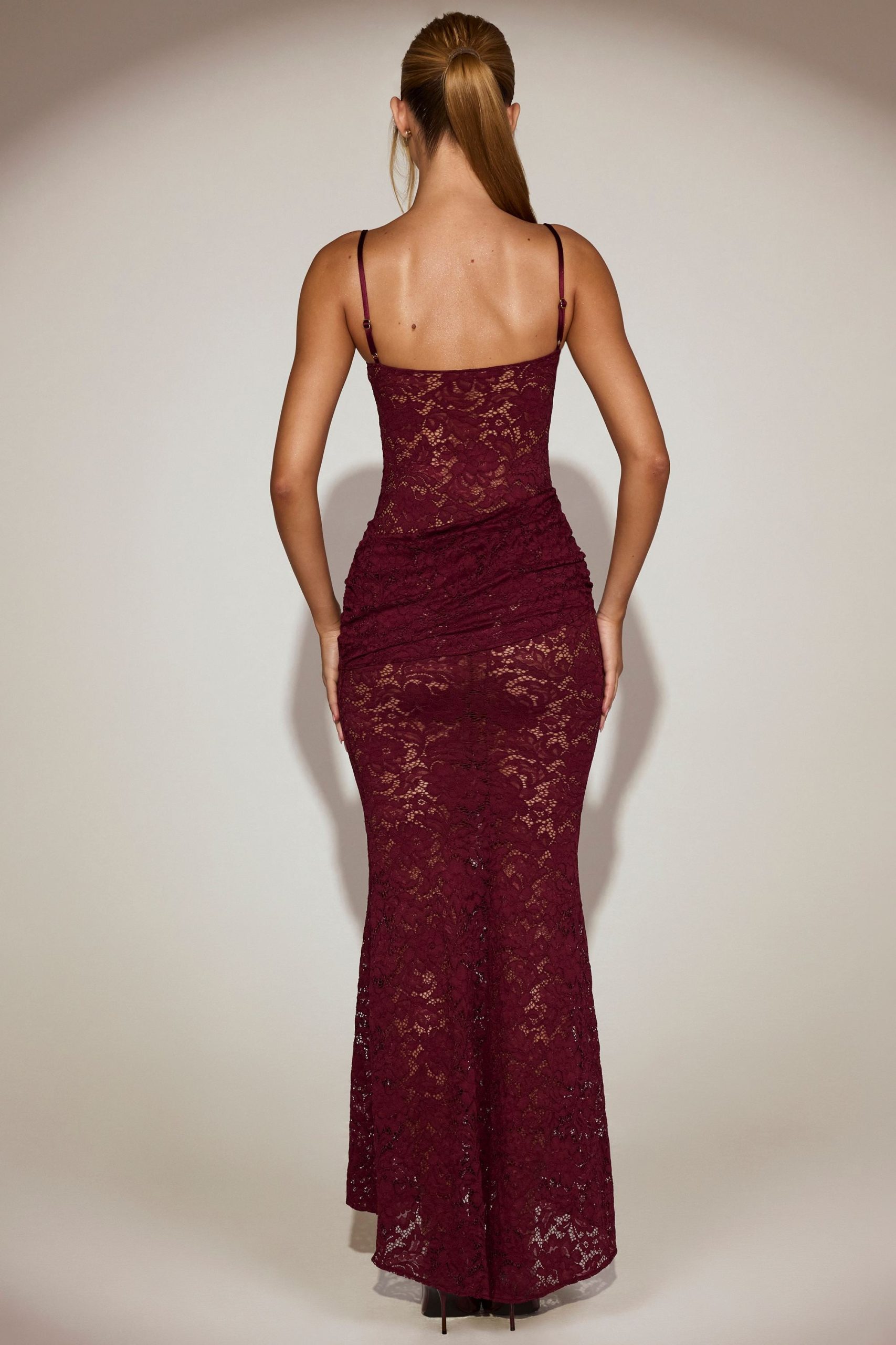 Sheer Lace Square-Neck Ruched Gown in Wine Red - Image 6