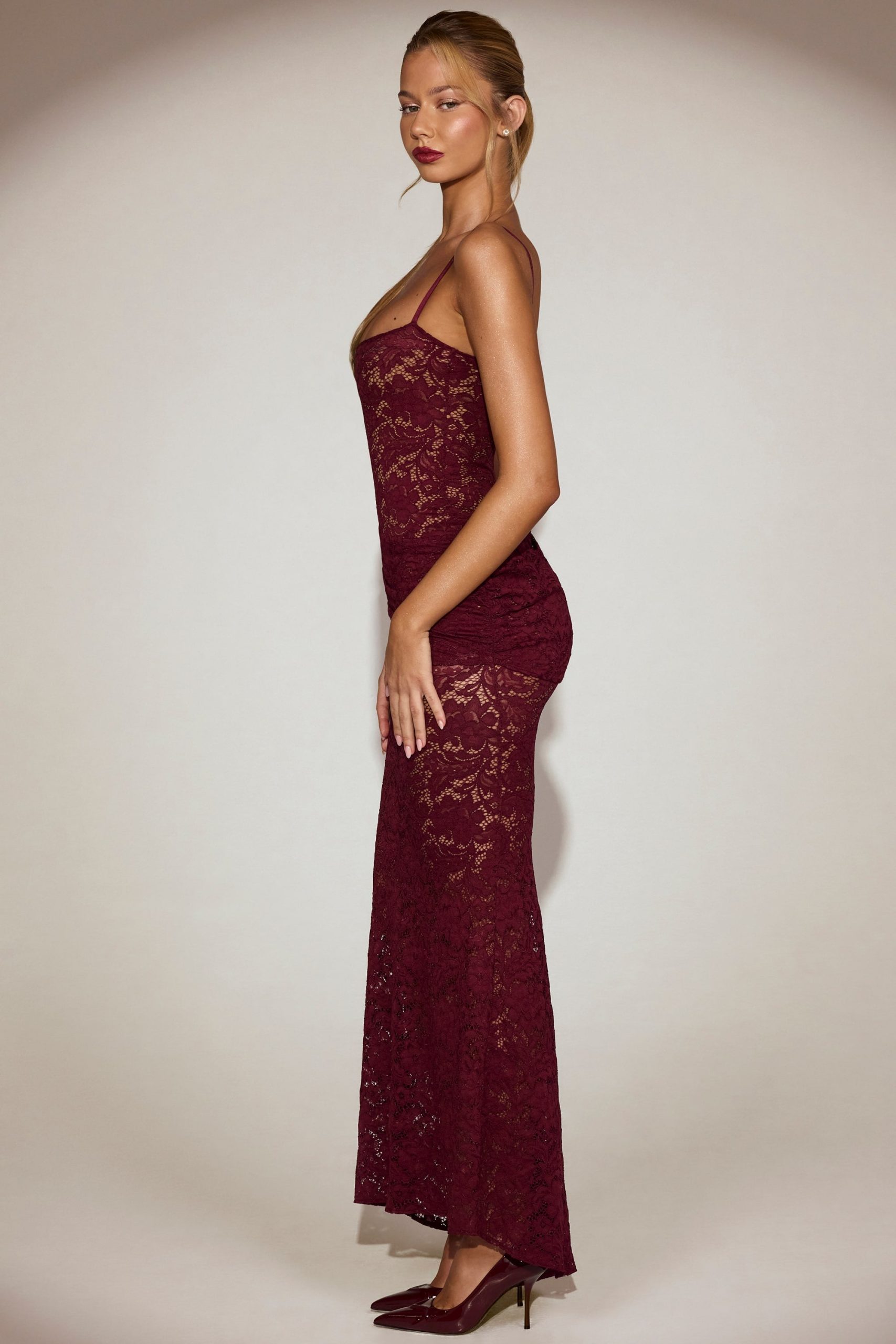 Sheer Lace Square-Neck Ruched Gown in Wine Red - Image 3