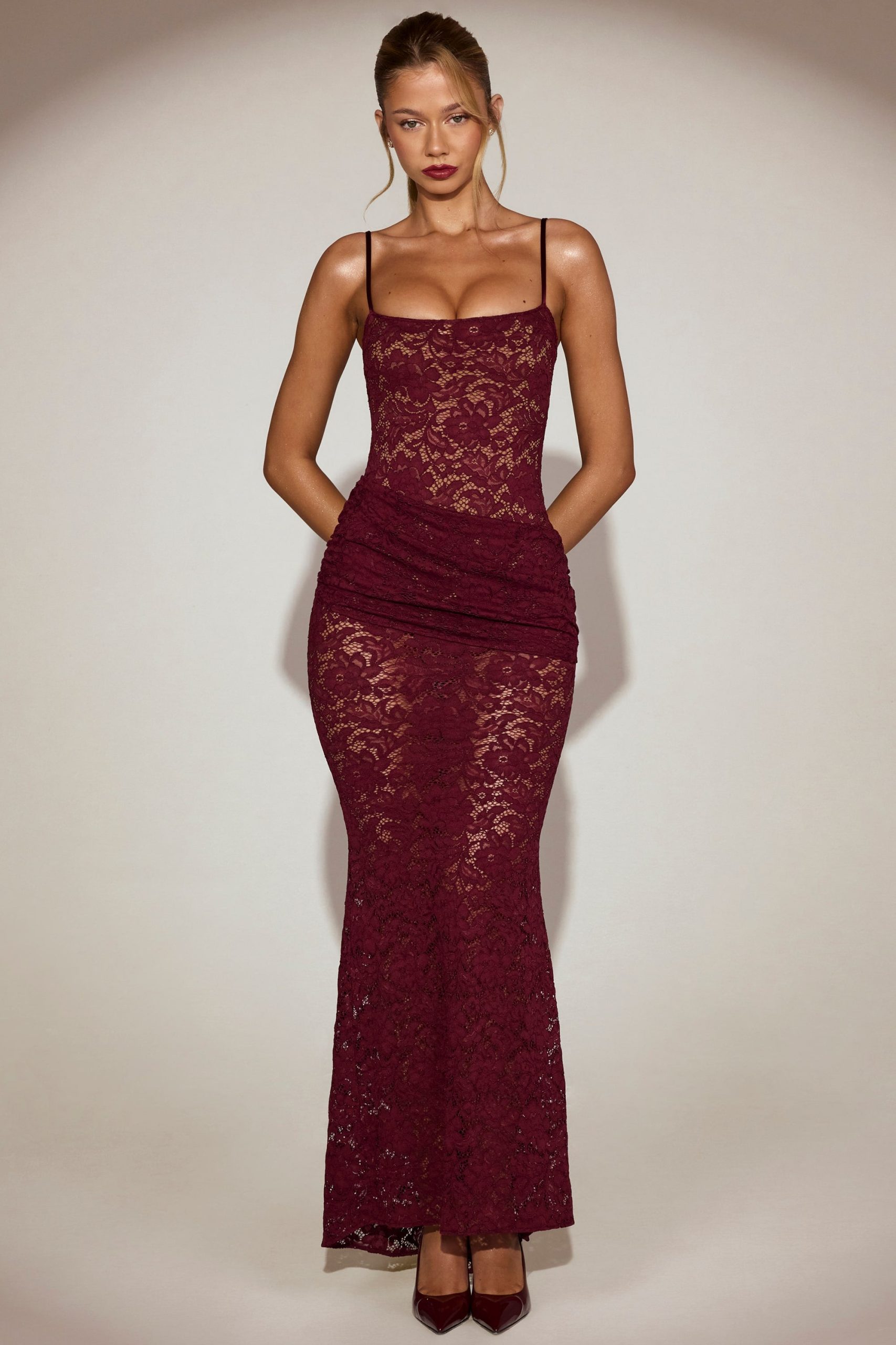 Sheer Lace Square-Neck Ruched Gown in Wine Red - Image 5