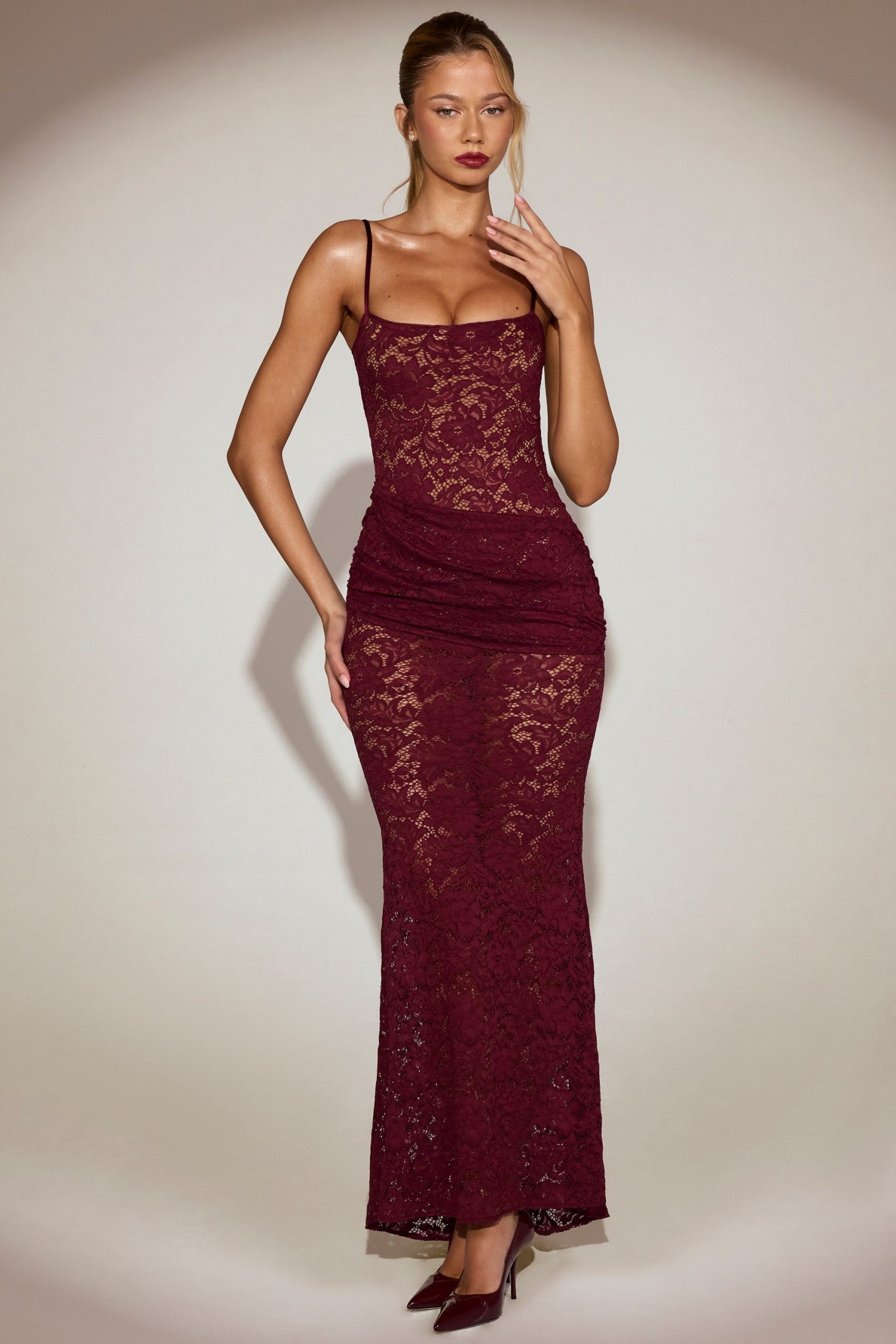 Sheer Lace Square-Neck Ruched Gown in Wine Red - Image 9