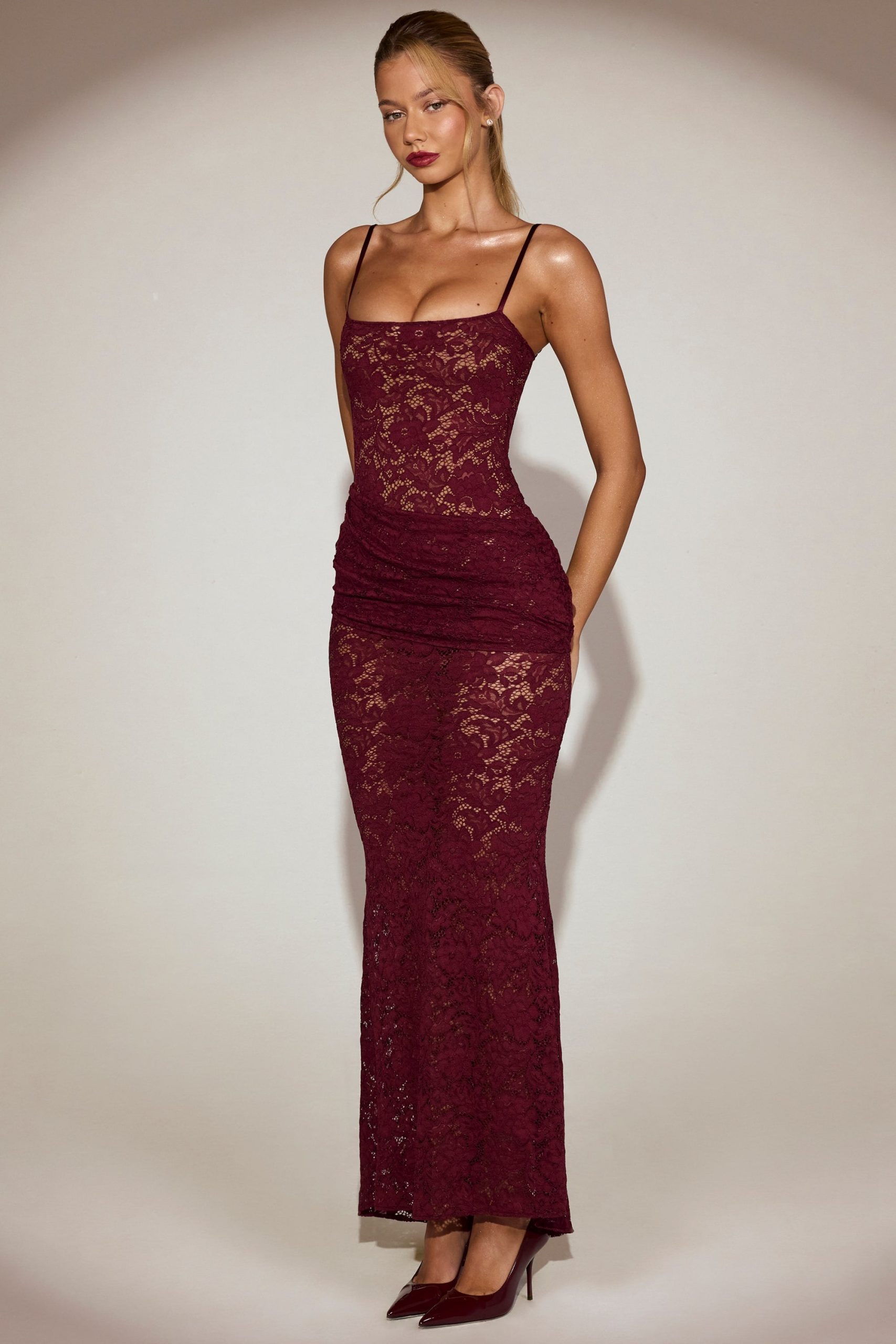 Sheer Lace Square-Neck Ruched Gown in Wine Red - Image 10