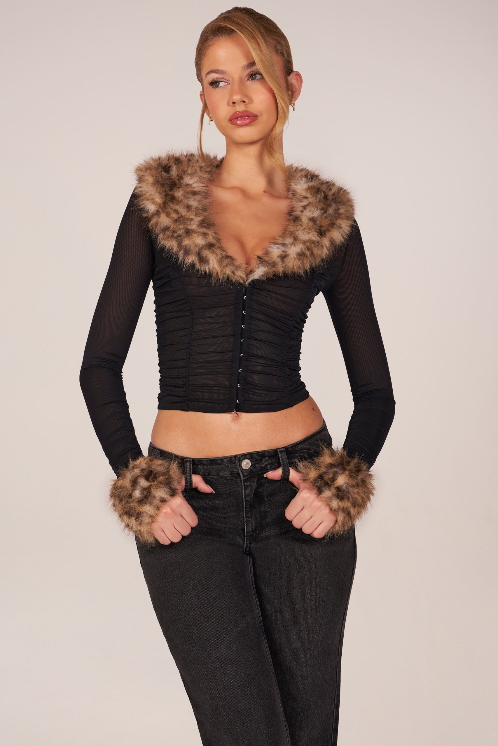 Faux Fur-Trim Sheer Mesh Cardigan in Black - Image 7