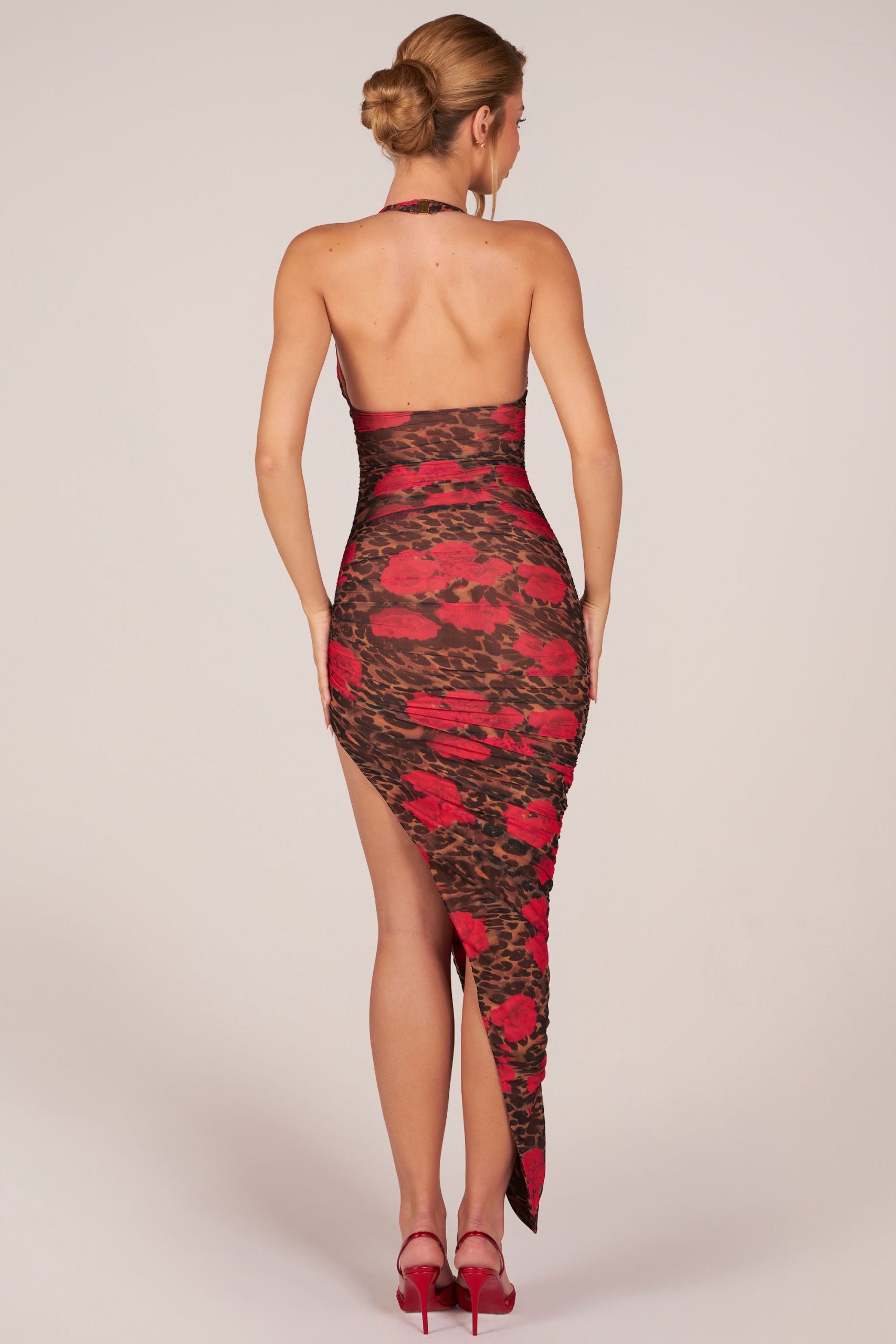 Halterneck Split Hem Midaxi Dress in Rose Leopard Print - Image 7