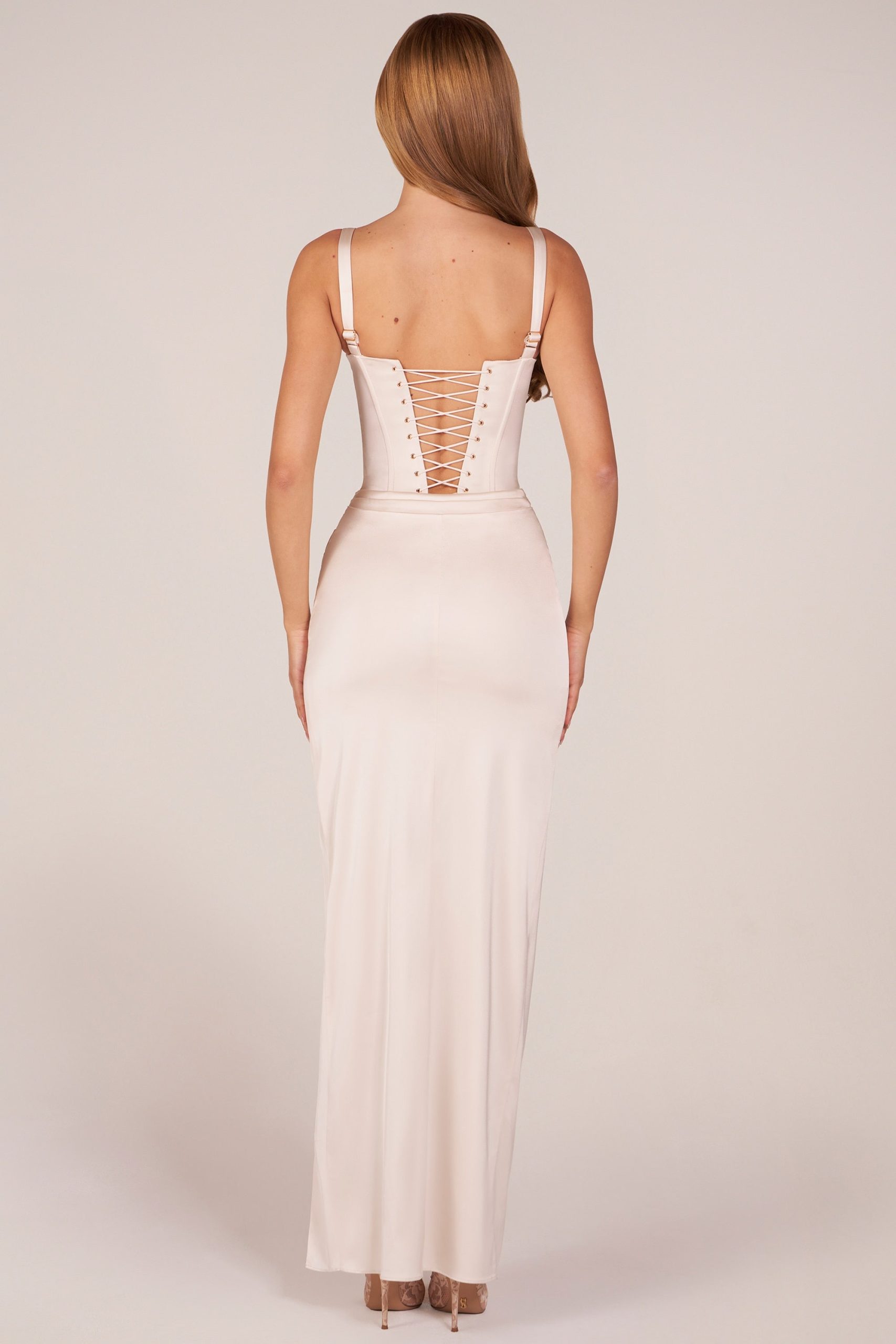 Corseted Thigh-High Split Maxi Dress in Ivory - Image 6