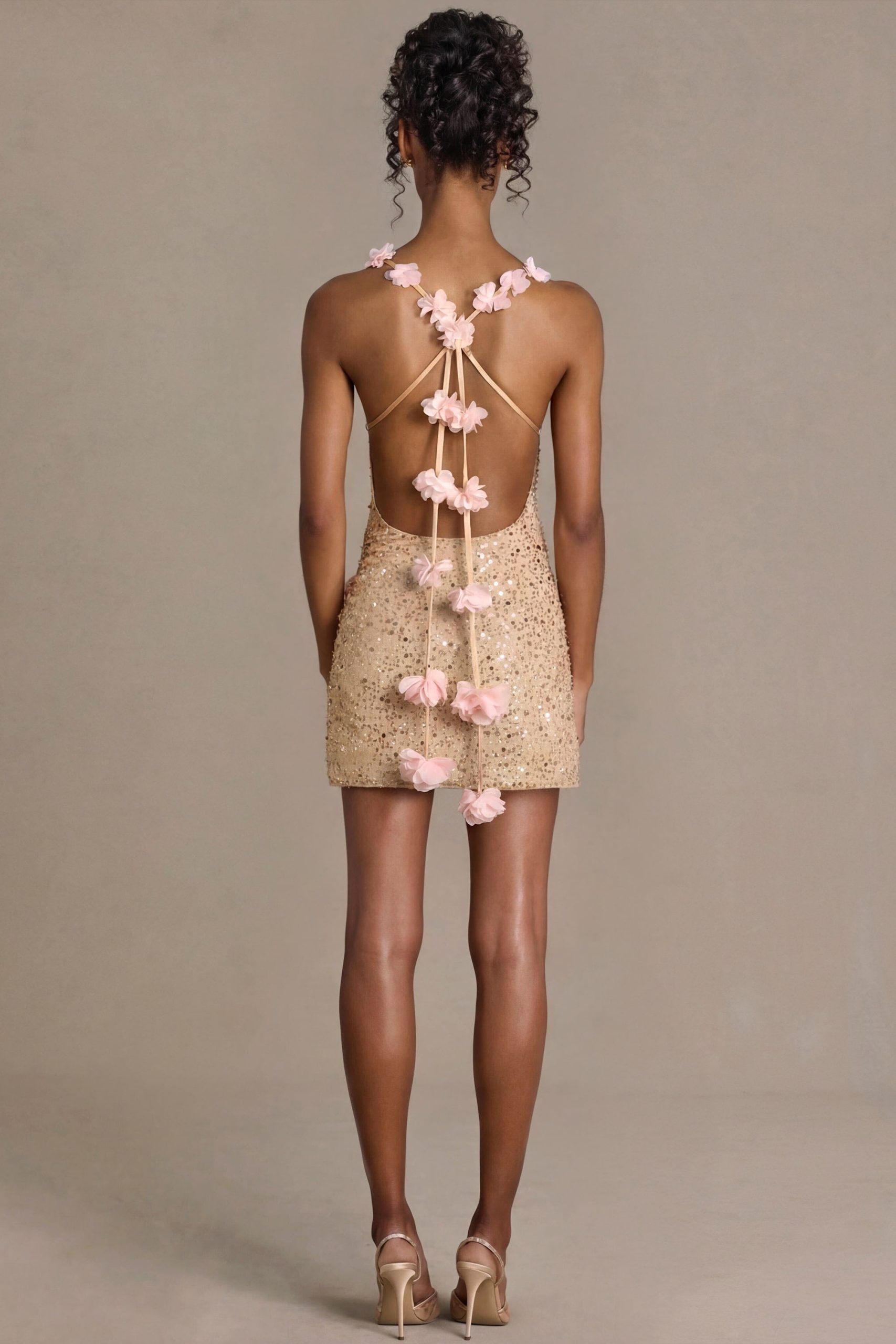Premium Embellished Open-Back Mini Dress in Gold - Image 3