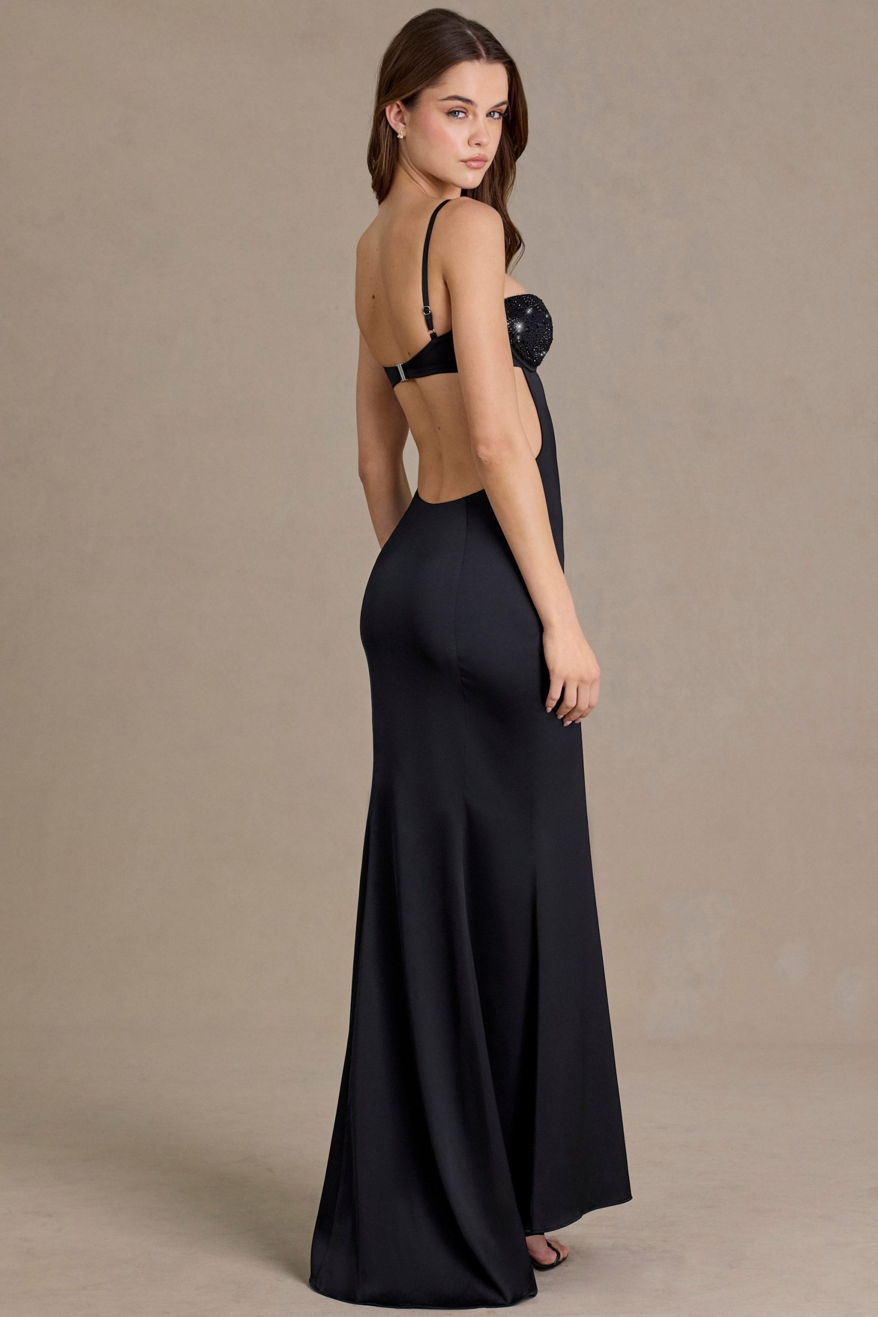 Premium Satin Embellished Bralette Gown in Black - Image 2