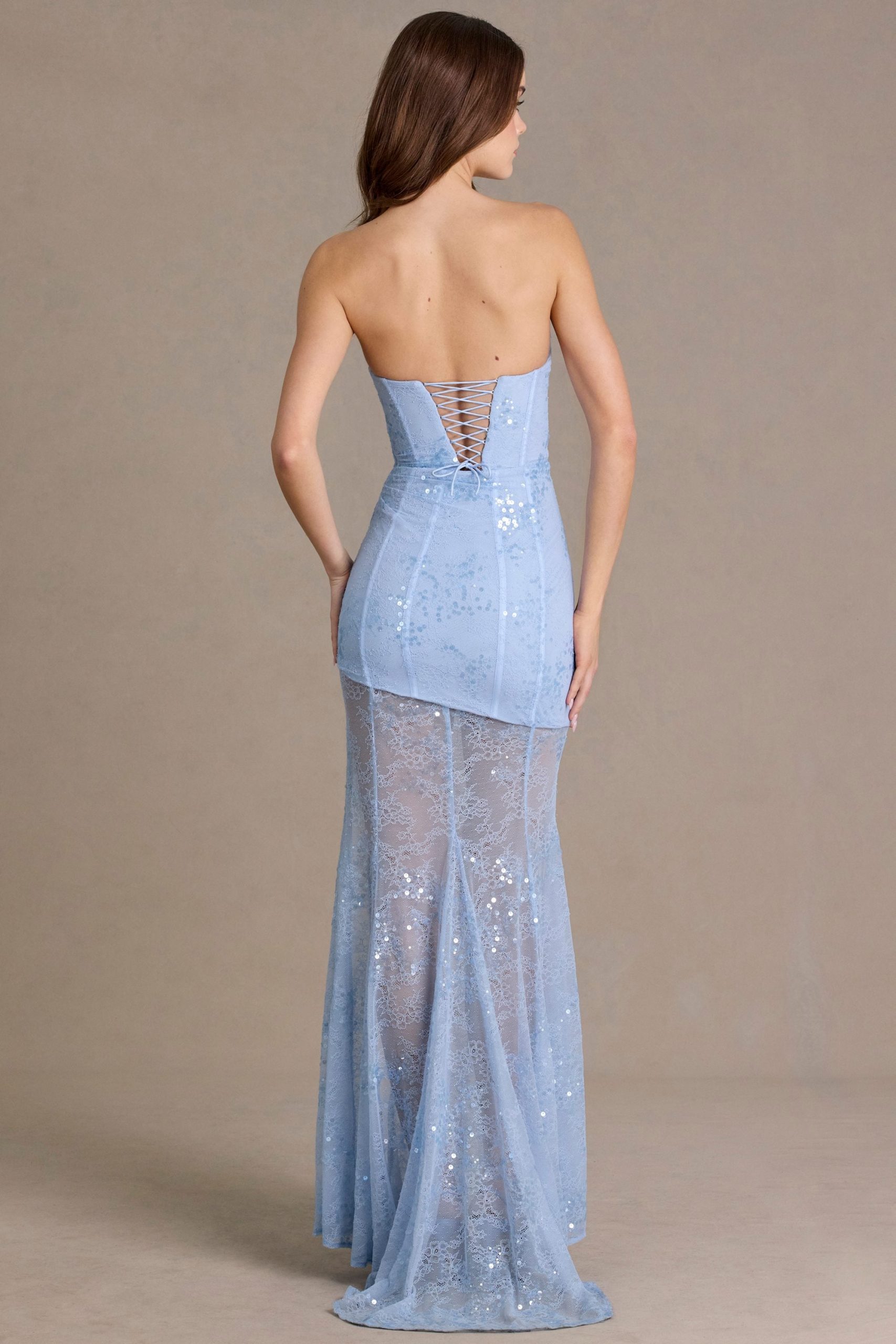 Premium Embellished Lace Corset Gown in Sky Blue - Image 3