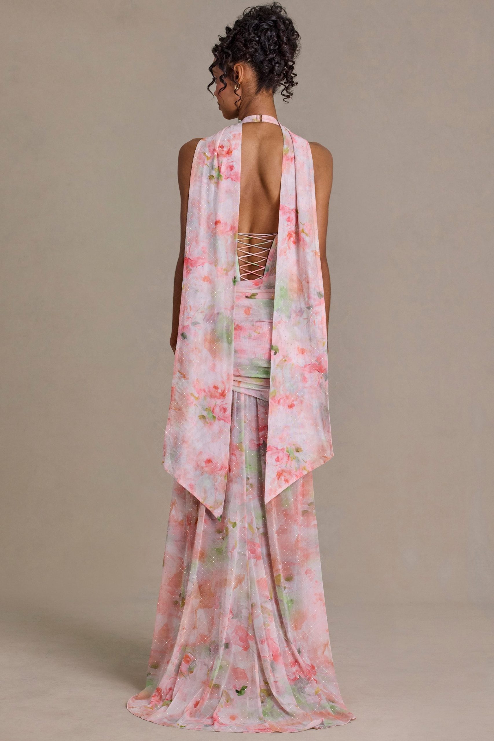 Premium Embellished Scarf-Detail Maxi Dress in Pink Floral Print - Image 5