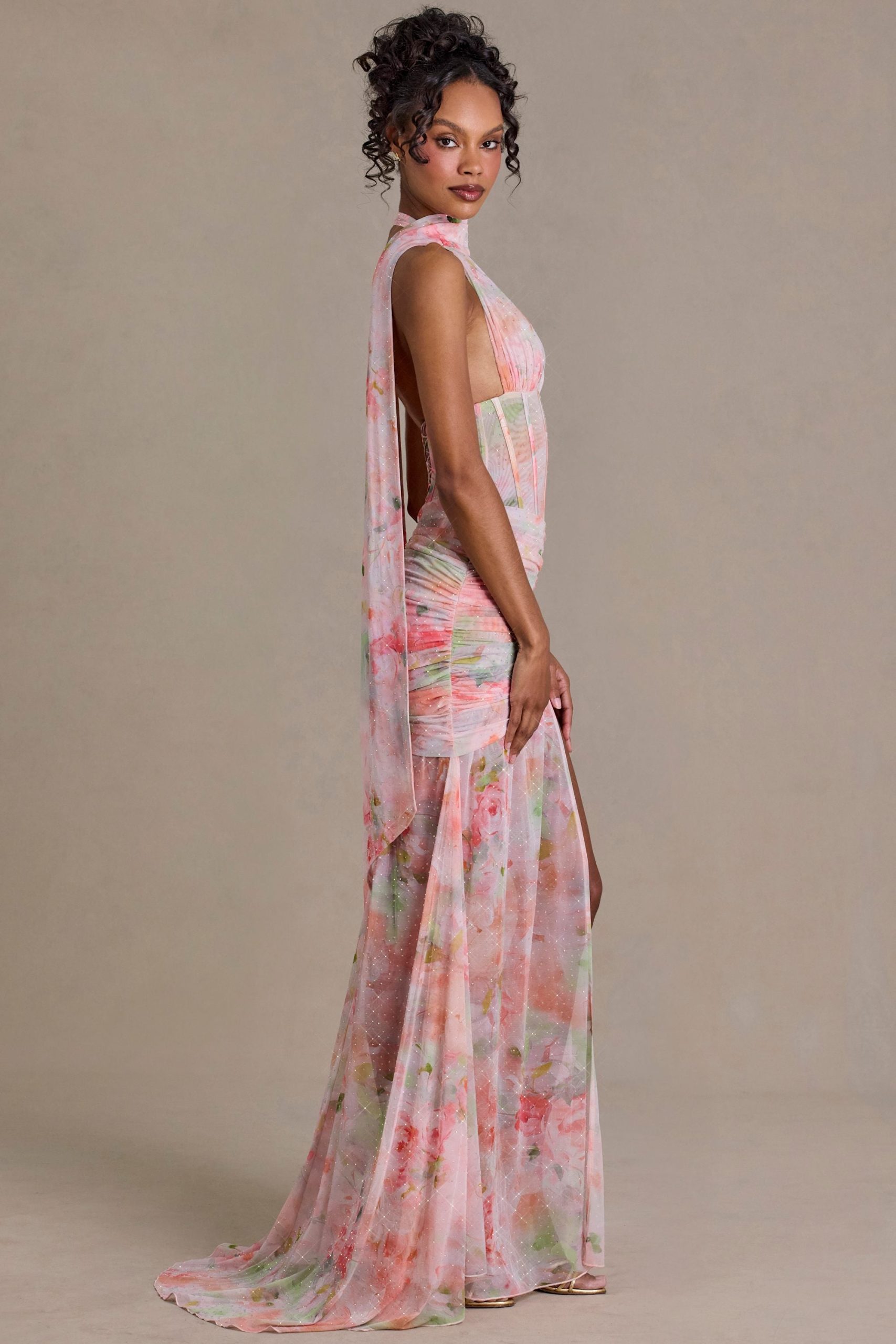 Premium Embellished Scarf-Detail Maxi Dress in Pink Floral Print - Image 3