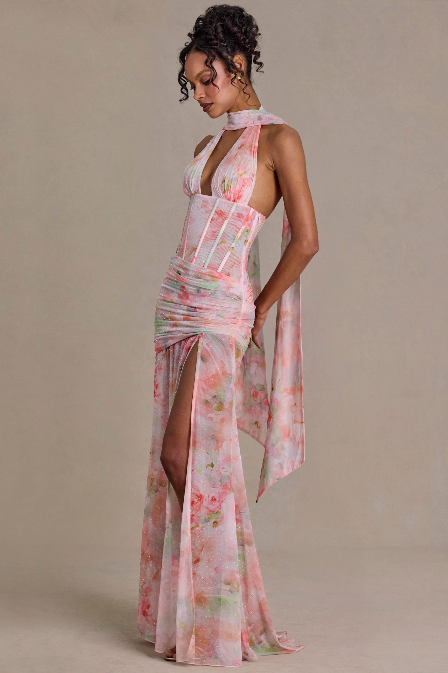 Premium Embellished Scarf-Detail Maxi Dress in Pink Floral Print - Image 7