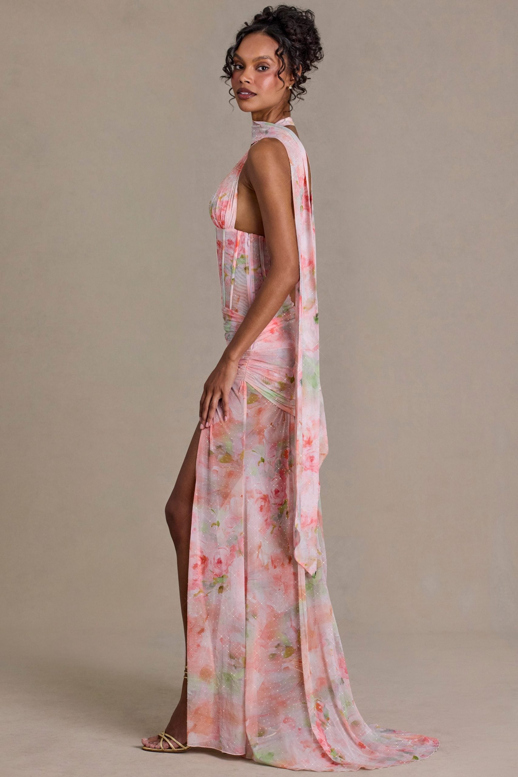 Premium Embellished Scarf-Detail Maxi Dress in Pink Floral Print - Image 6