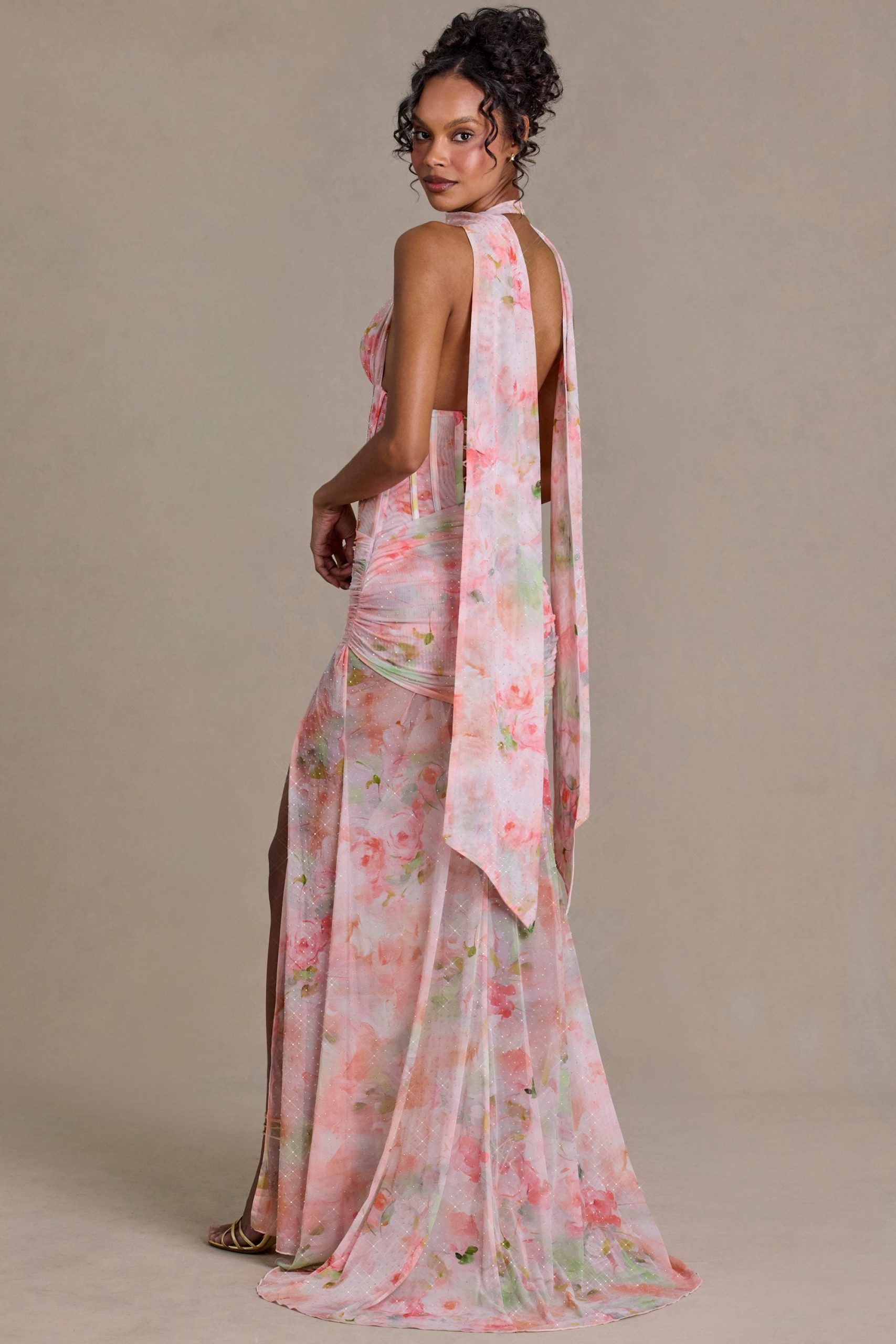 Premium Embellished Scarf-Detail Maxi Dress in Pink Floral Print - Image 2