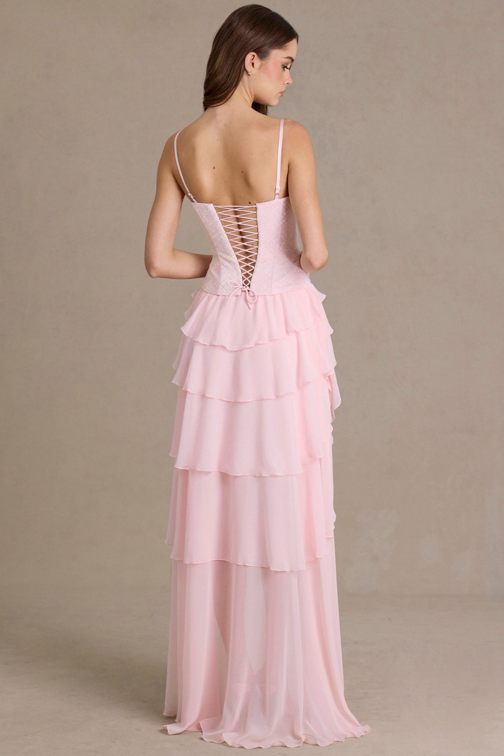 Premium Embellished Cowl-Neck Corset Gown in Baby Pink - Image 2