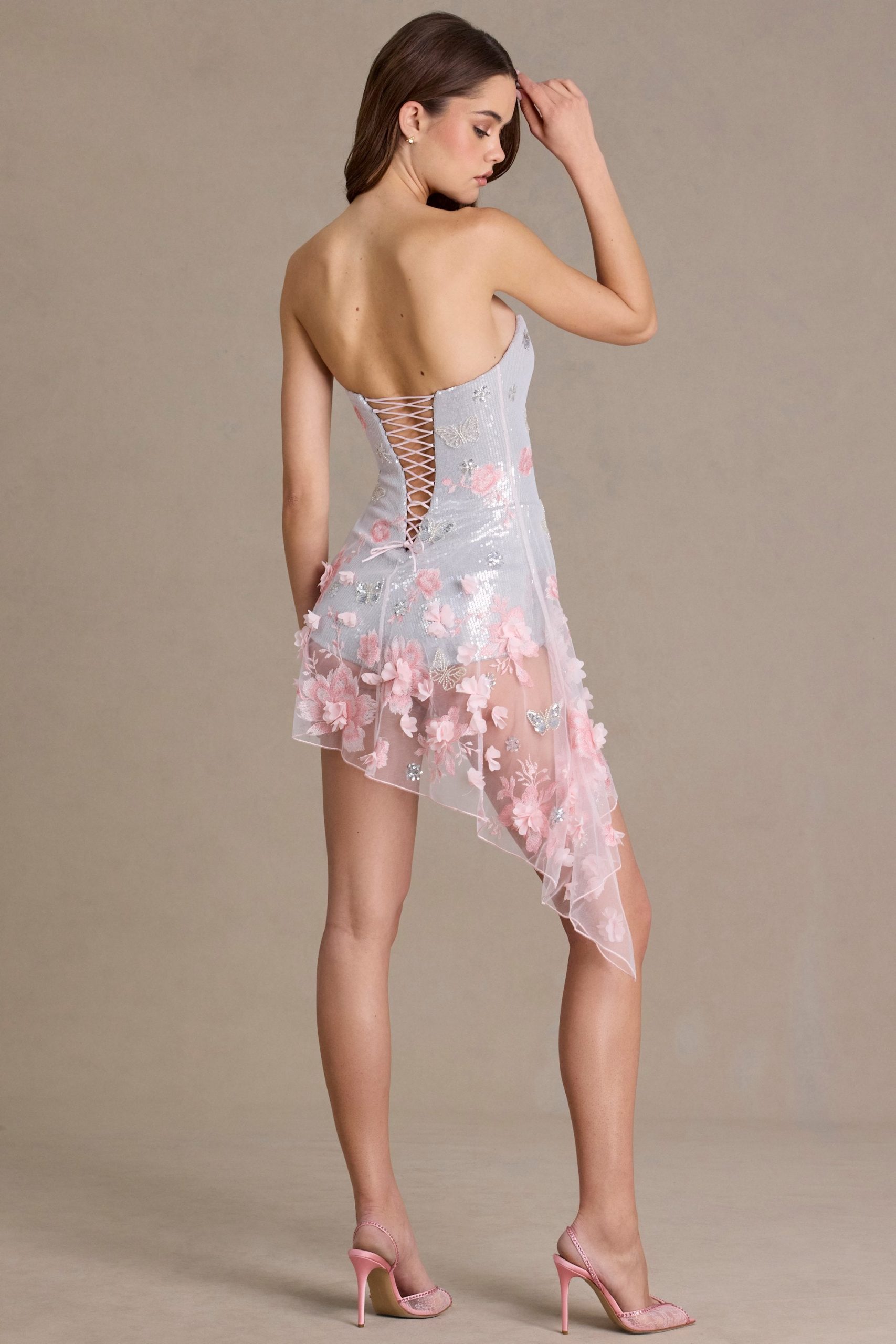 Premium Embellished Tulle Corset Mini Dress in Baby Pink - Image 2