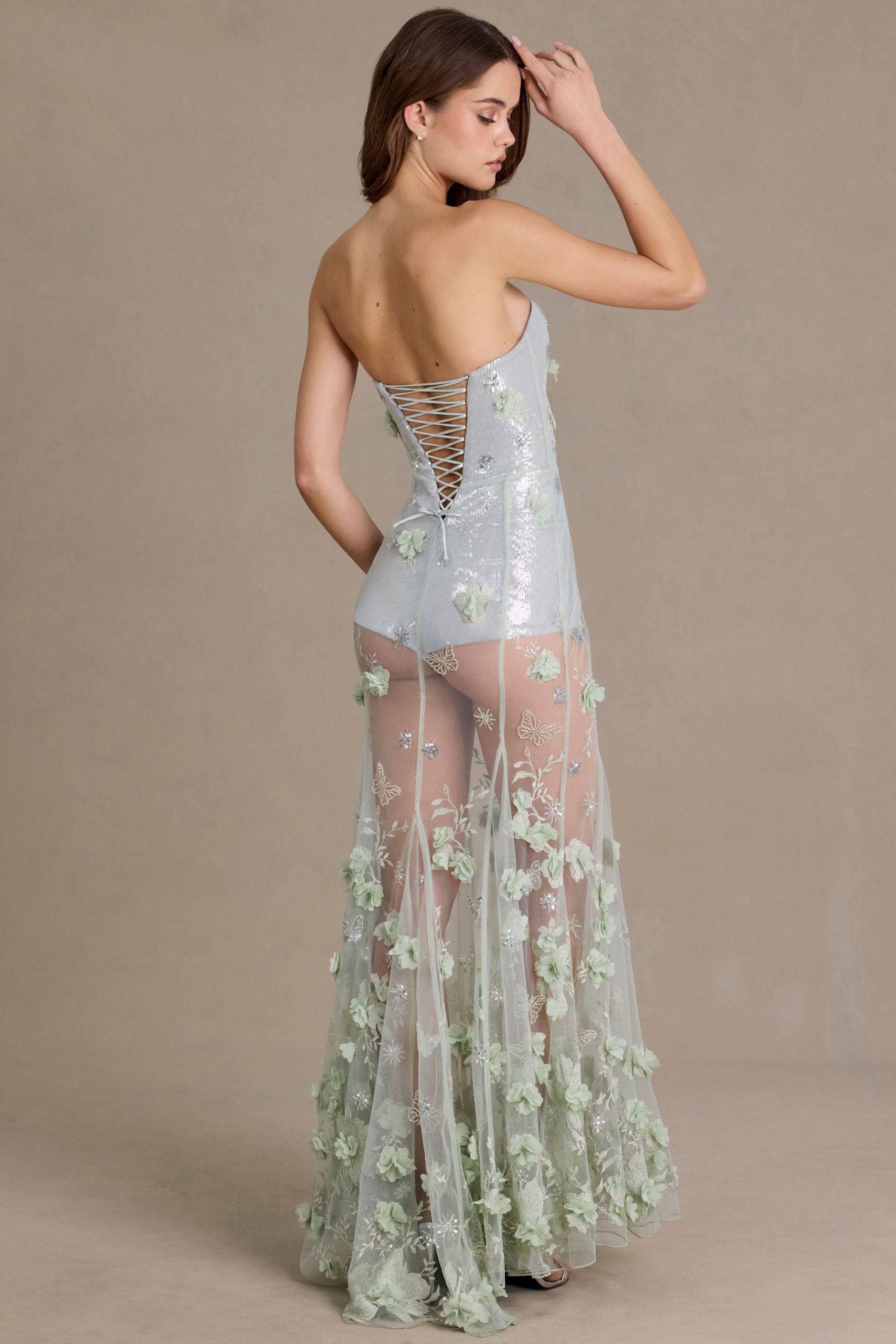 Premium Embellished Tulle Corset Gown in Sage Green - Image 5