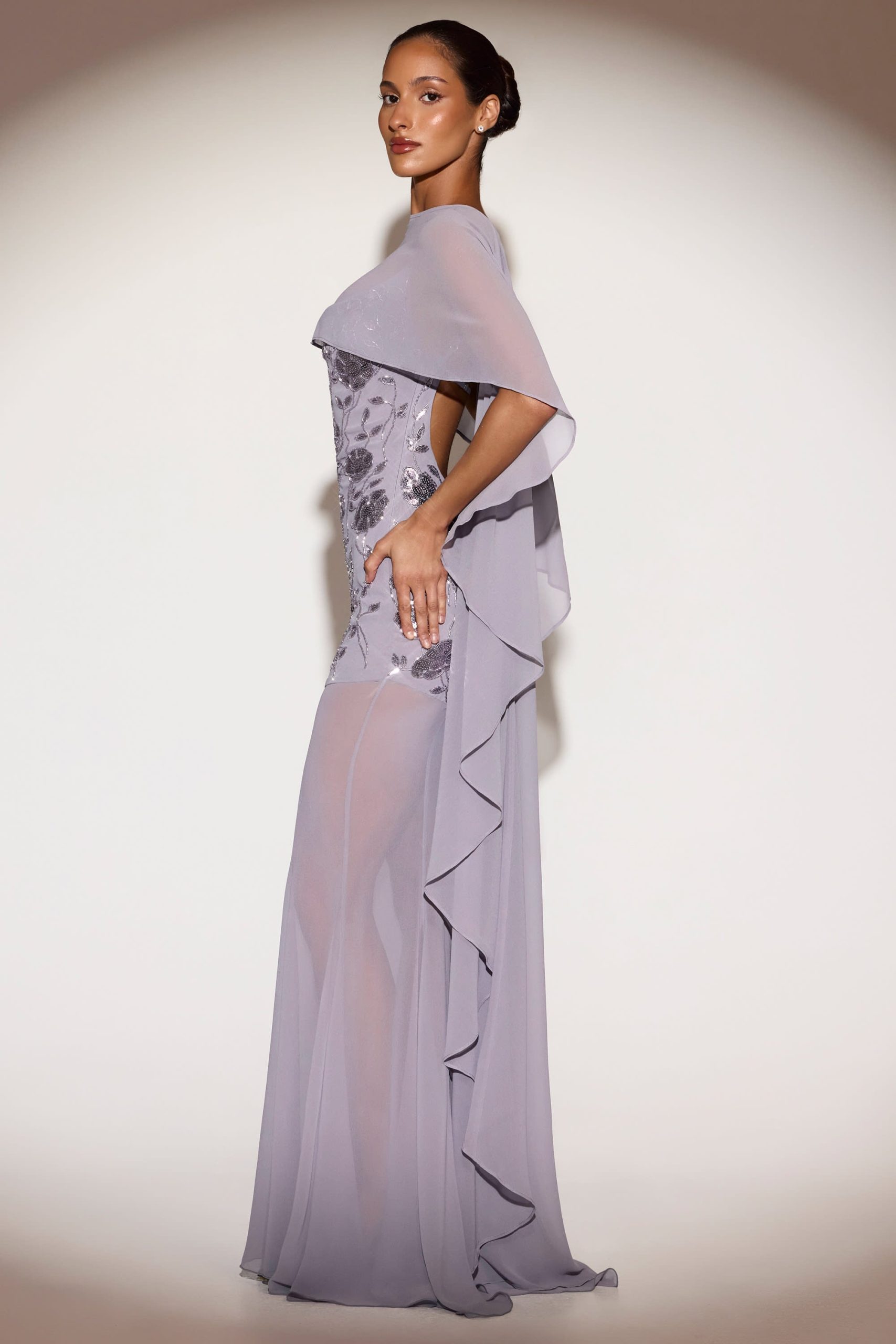 Sheer Chiffon Draped Cape in Lilac - Image 5