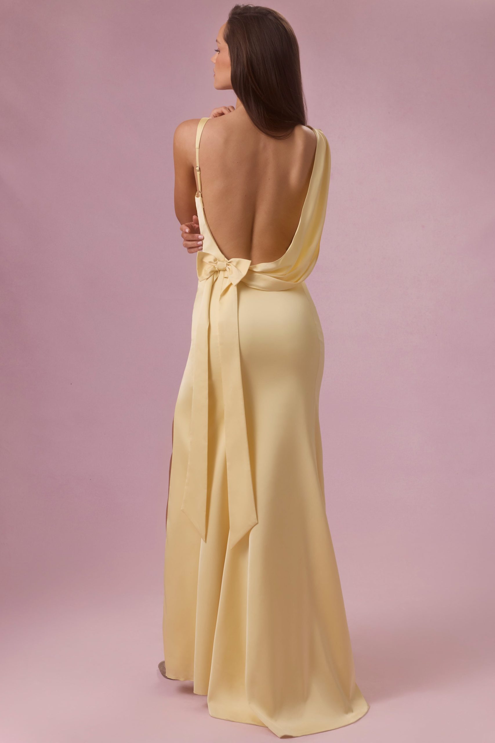 Premium Satin Draped Bridesmaid Dress in Butter Yellow - Image 6