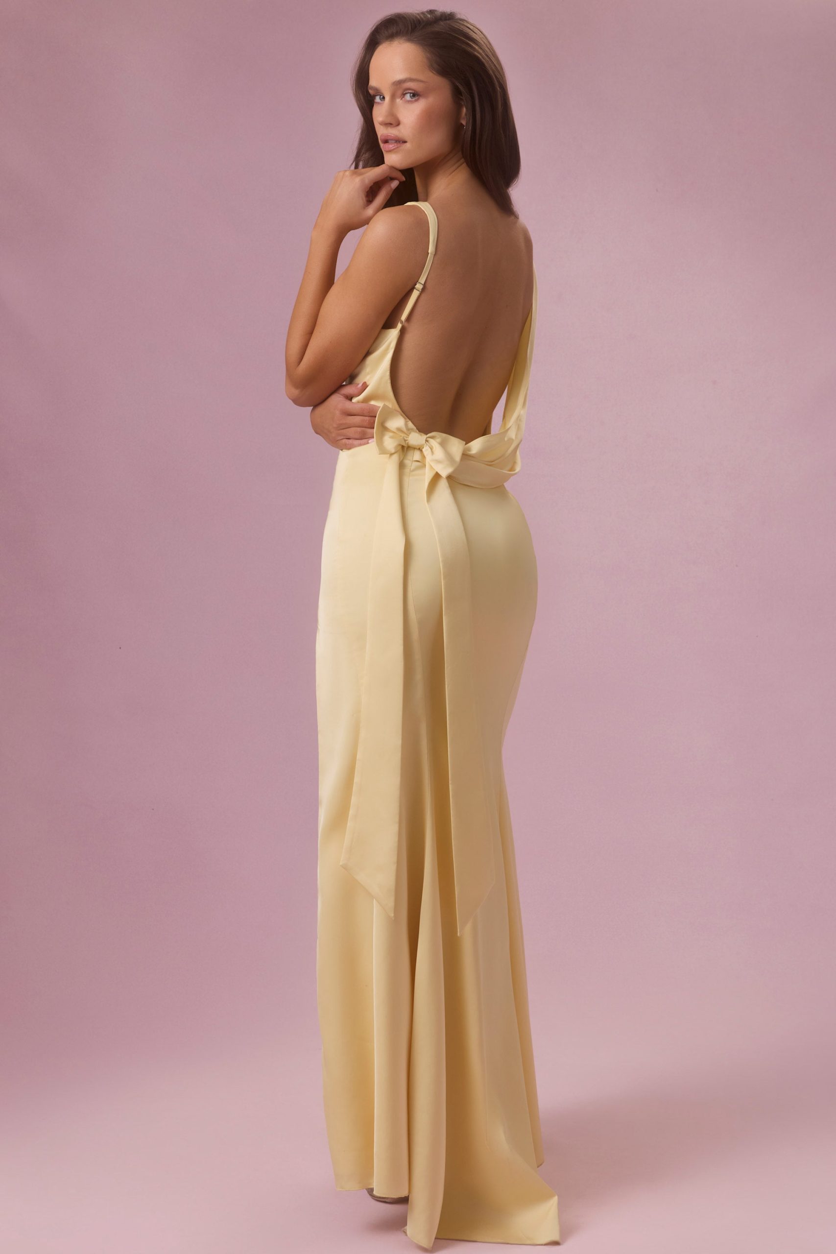 Premium Satin Draped Bridesmaid Dress in Butter Yellow - Image 7
