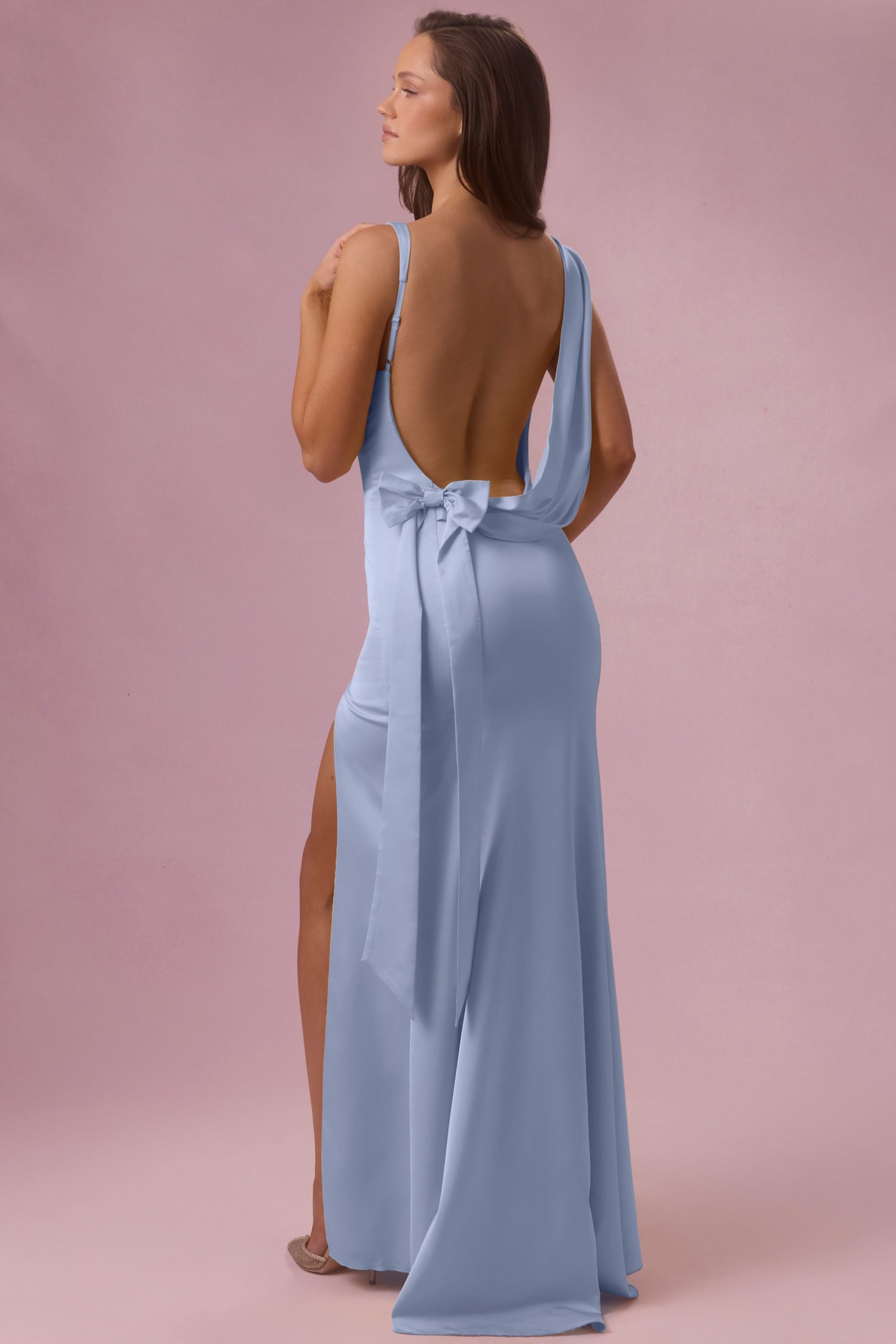 Premium Satin Draped Bridesmaid Dress in Powder Blue - Image 8
