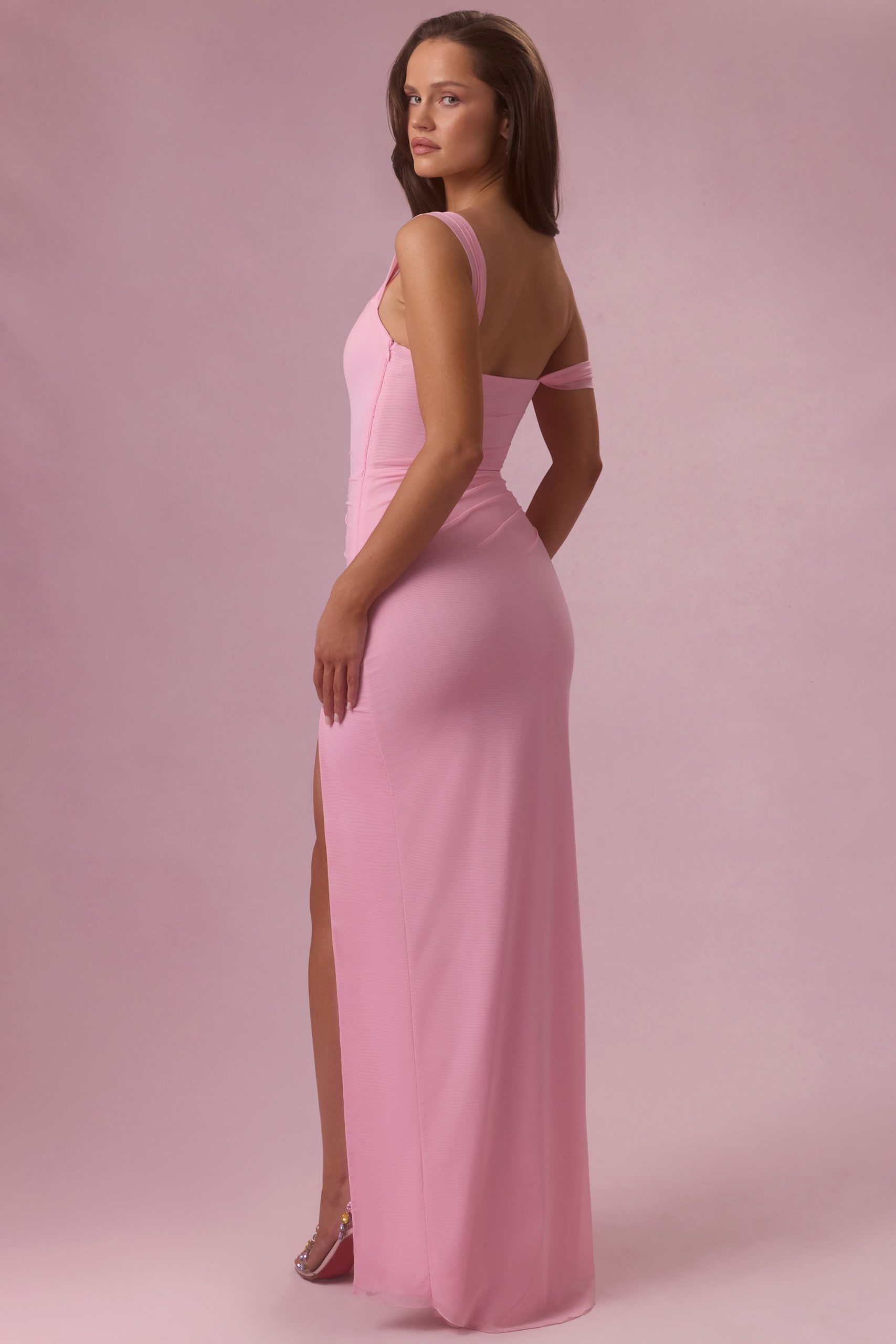 Premium Mesh Draped Corset Gown in Candyfloss Pink - Image 2
