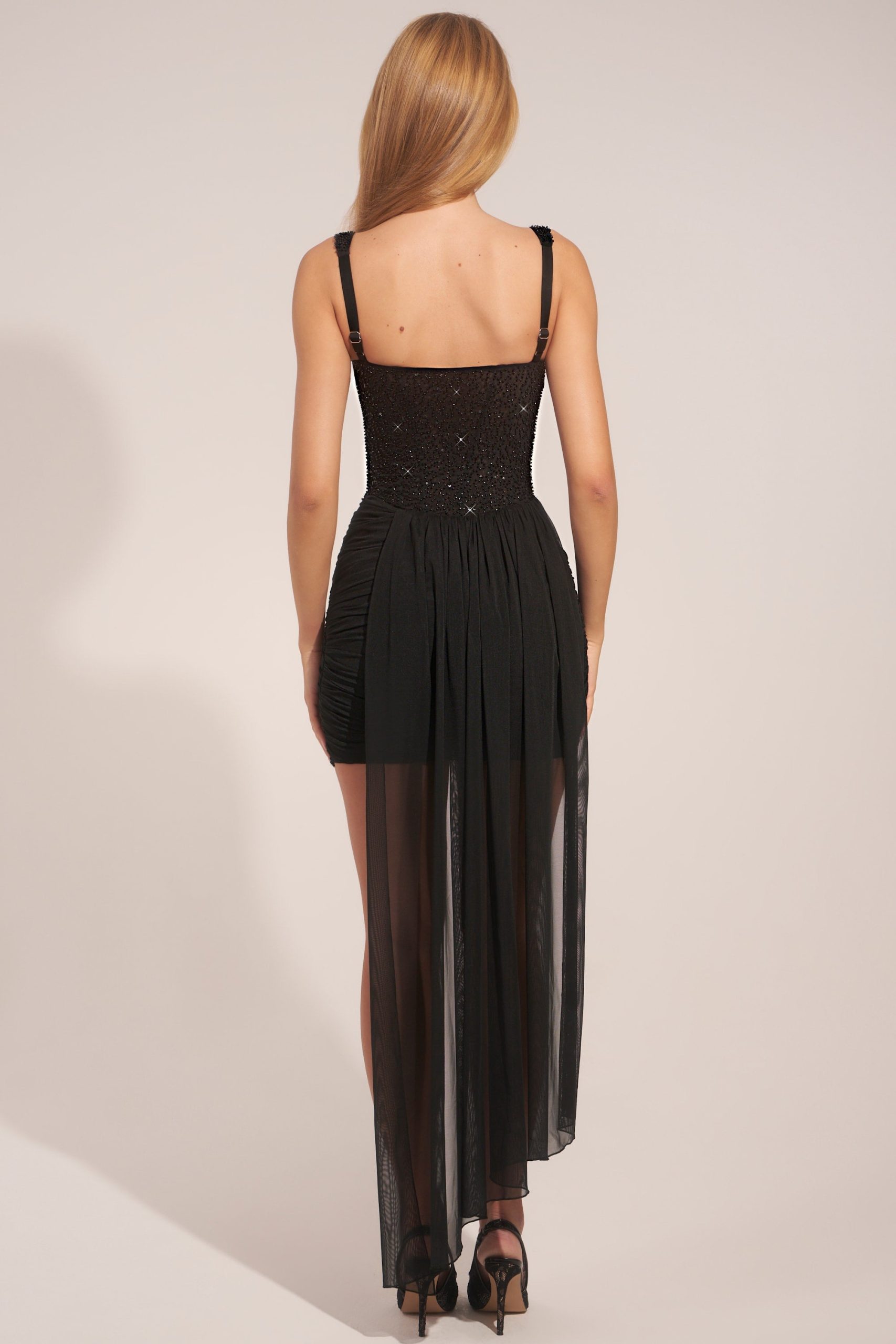 Corseted Draped Mini Dress in Black - Image 6