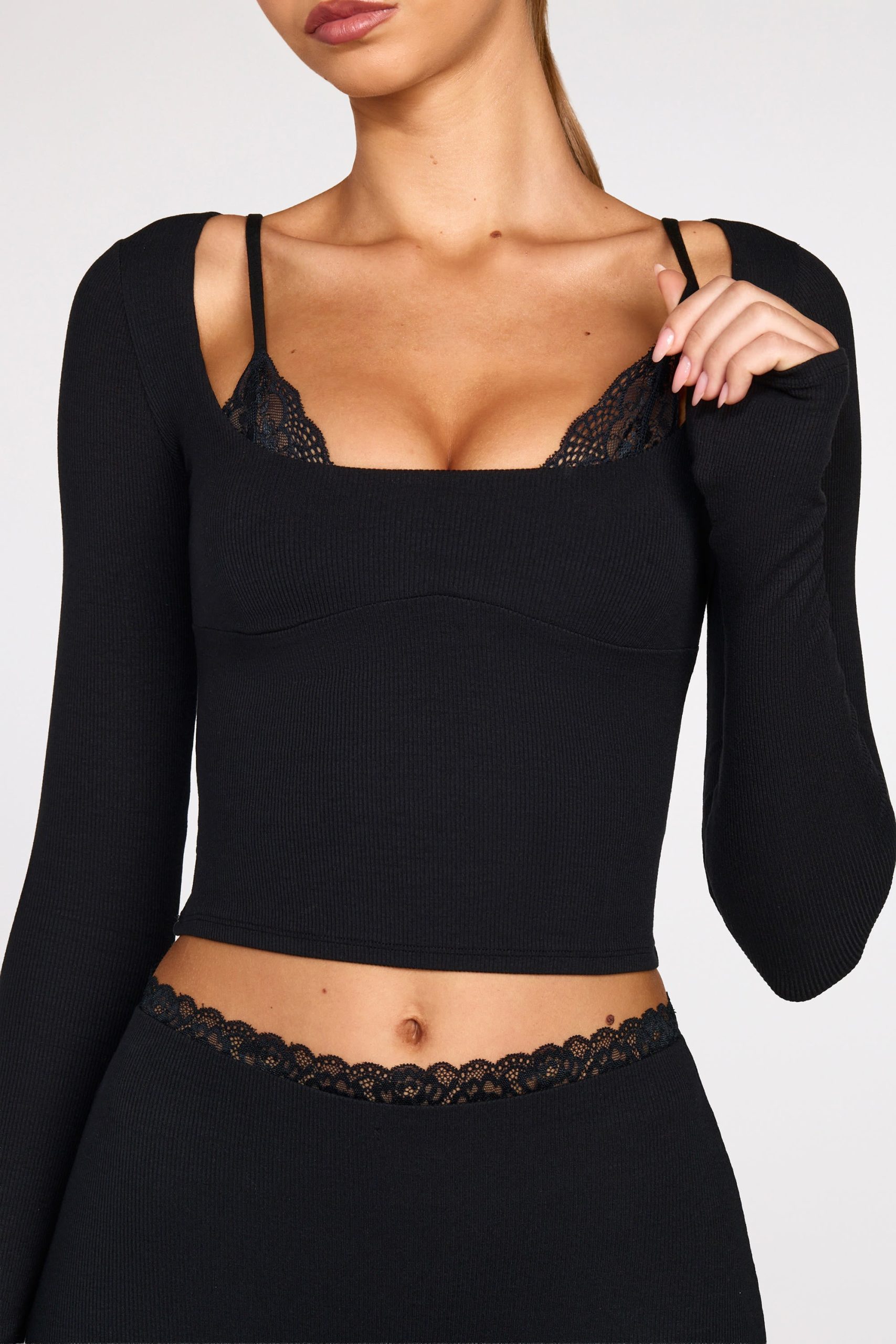 Ribbed Modal Long-Sleeve Laced Bra Top in Black - Image 2