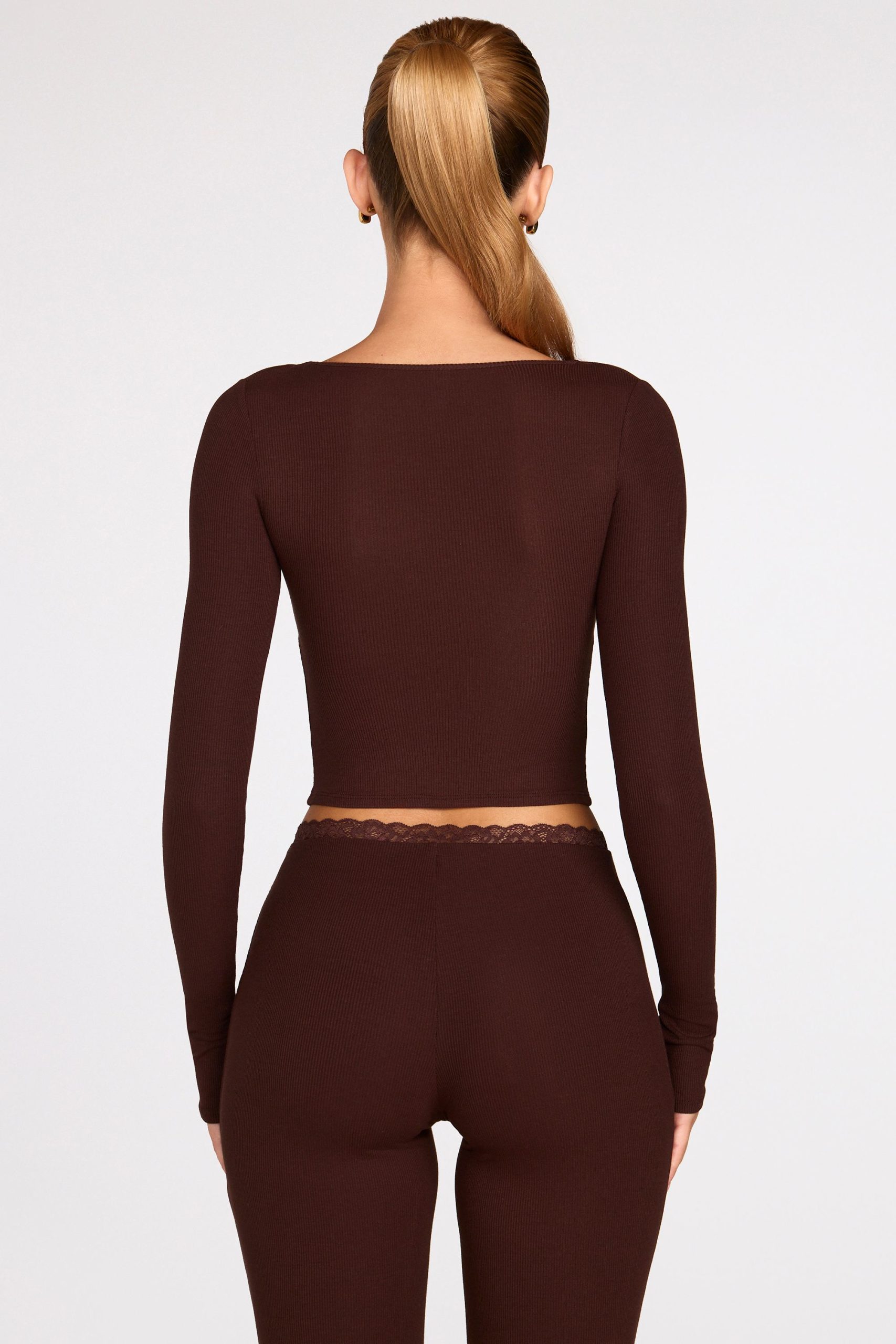 Ribbed Modal Long-Sleeve Laced Bra Top in Chocolate Brown - Image 3