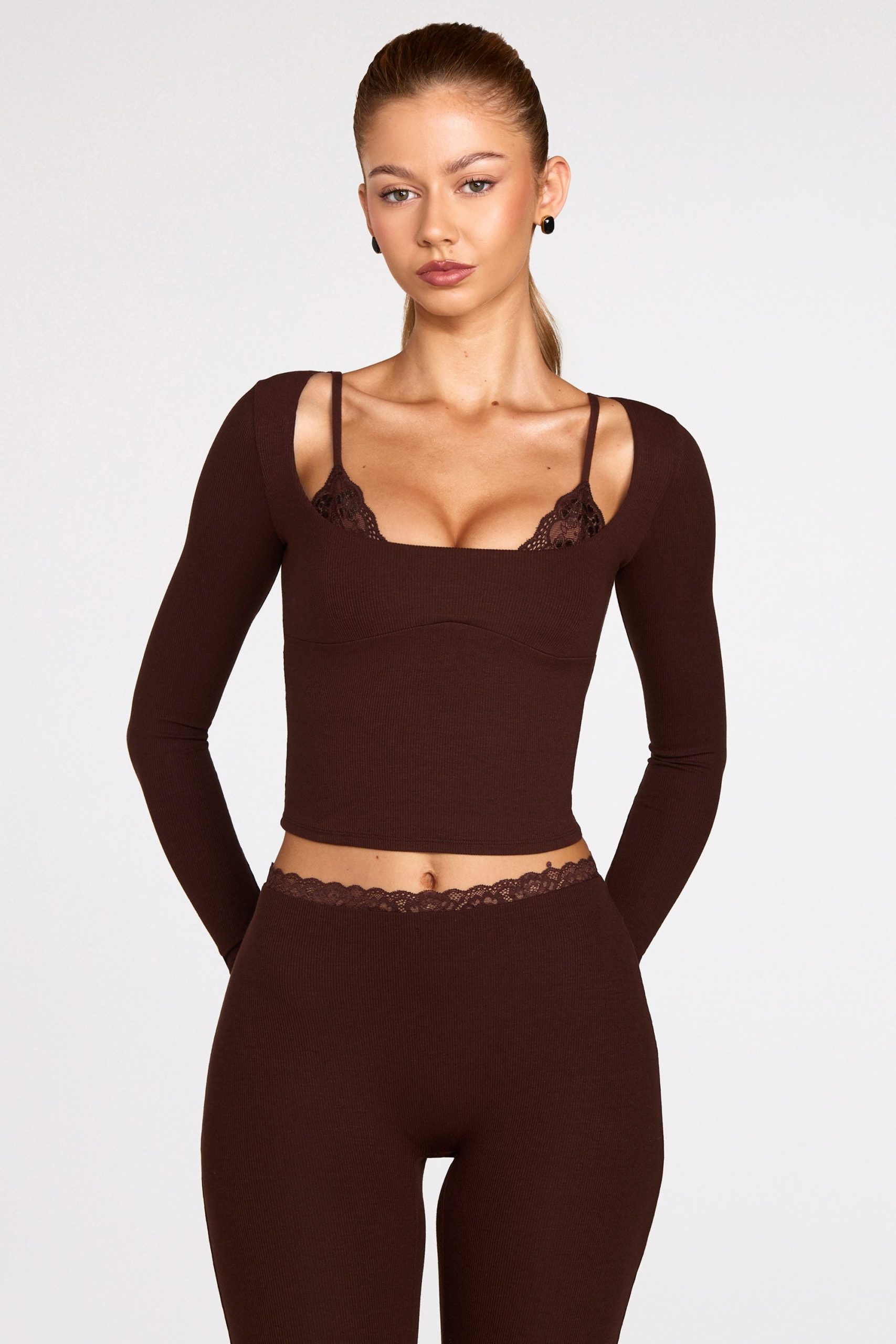 Ribbed Modal Long-Sleeve Laced Bra Top in Chocolate Brown - Image 6