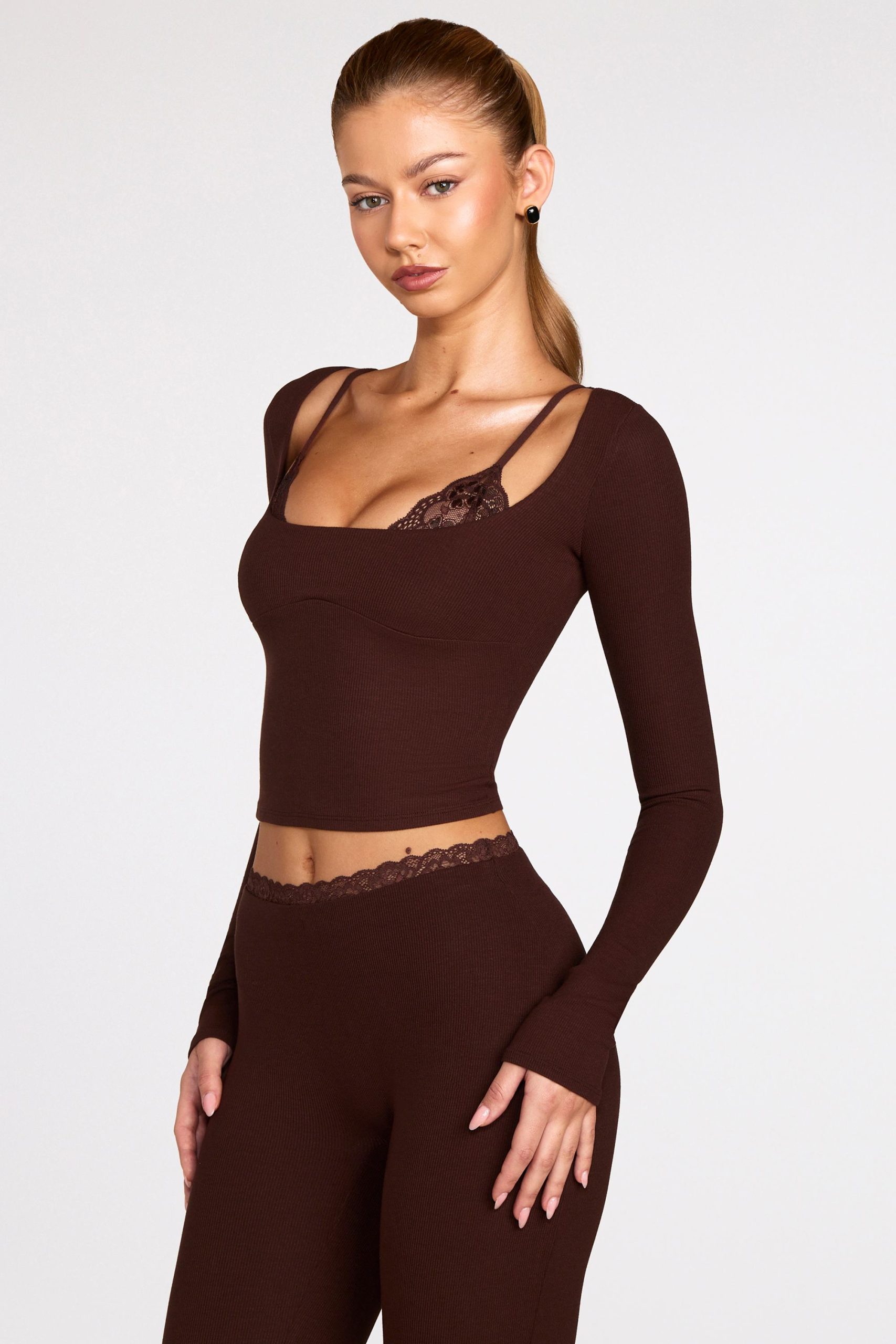 Ribbed Modal Long-Sleeve Laced Bra Top in Chocolate Brown - Image 5