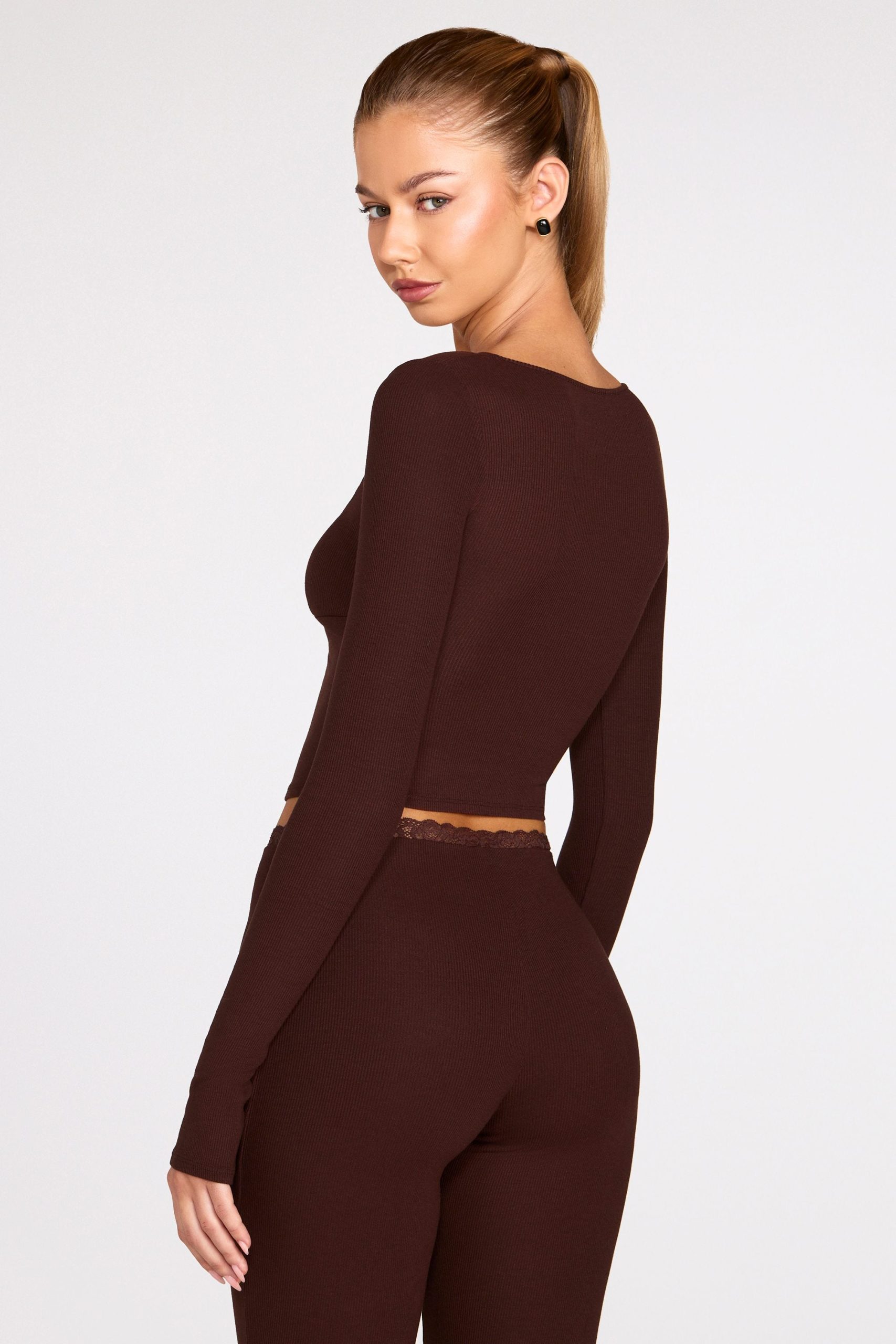 Ribbed Modal Long-Sleeve Laced Bra Top in Chocolate Brown - Image 7
