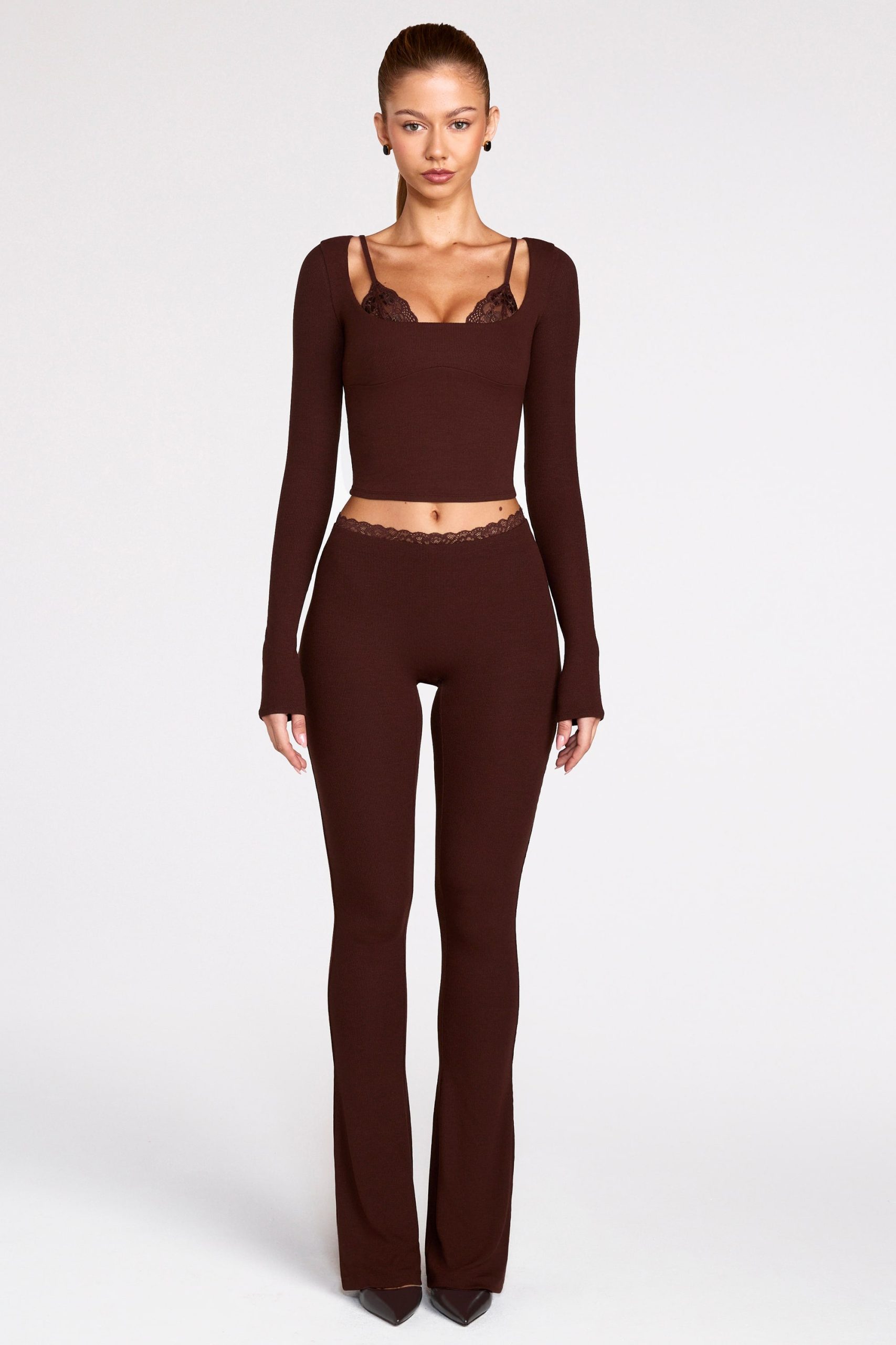Ribbed Modal Long-Sleeve Laced Bra Top in Chocolate Brown - Image 8