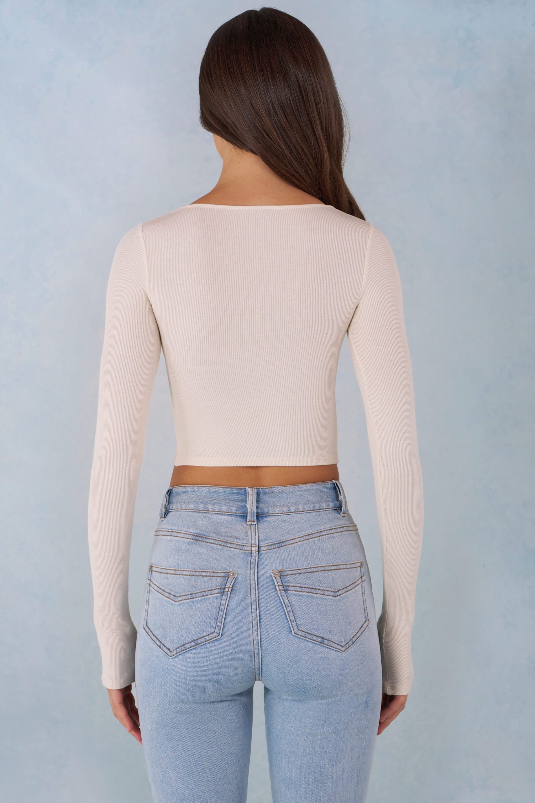 Ribbed Modal Long-Sleeve Laced Bra Top in Ivory - Image 3