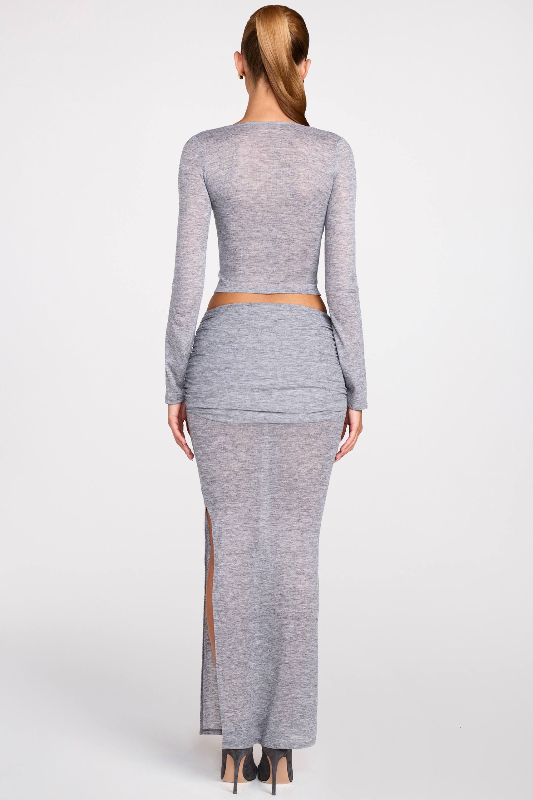 Sheer Jersey Low-Rise Draped Maxi Skirt in Grey - Image 3