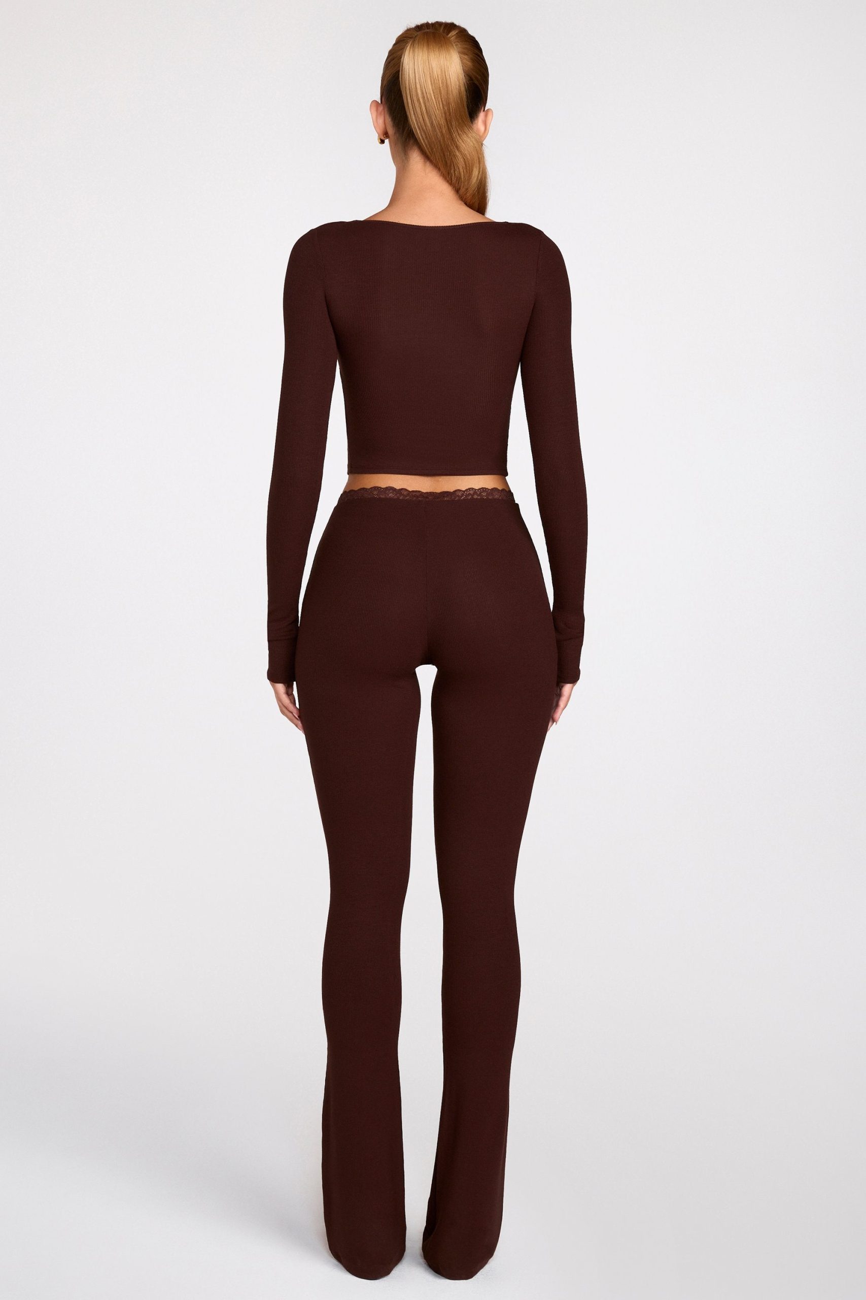 Modal Mid-Rise Flared Trousers in Chocolate Brown - Image 3