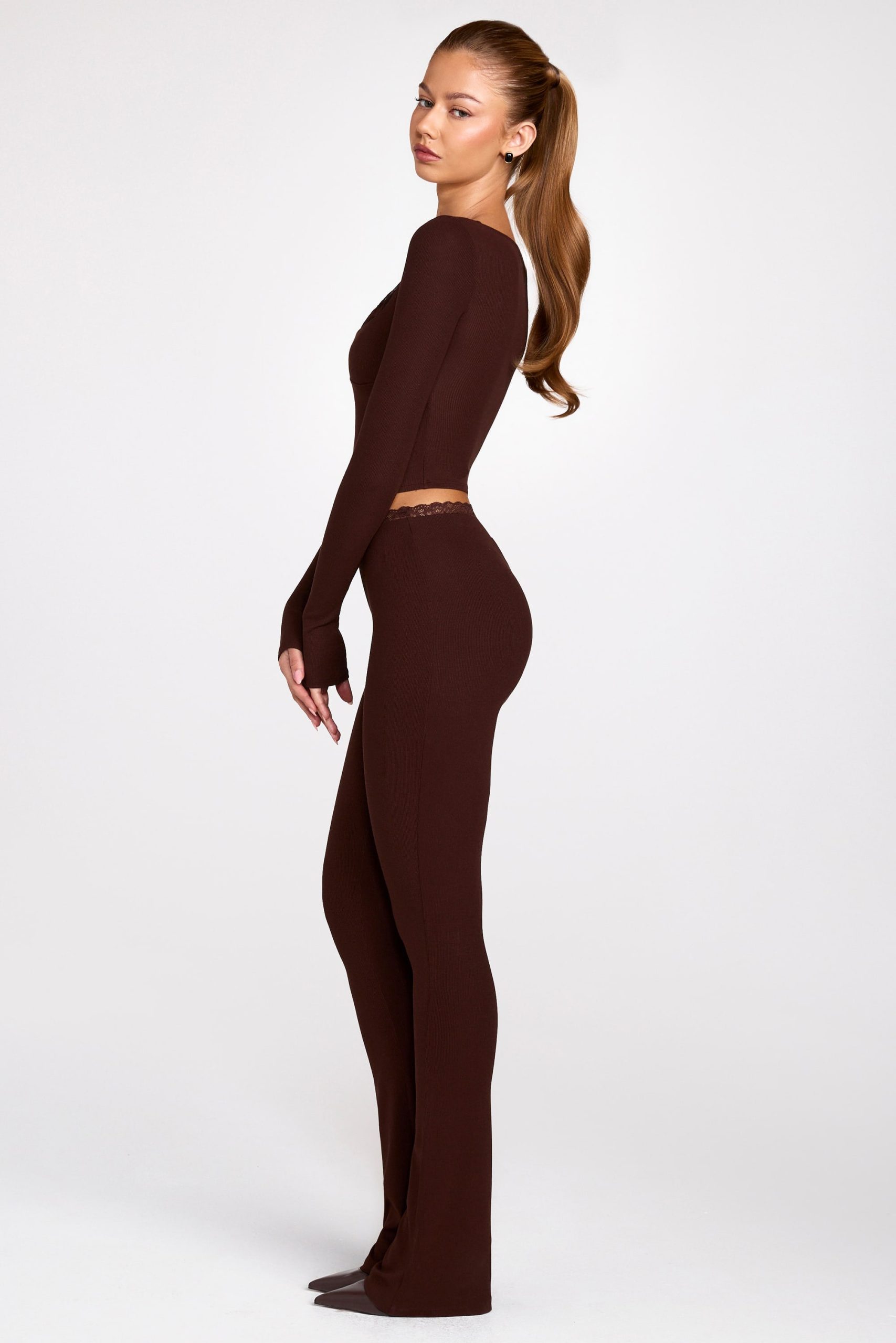 Modal Mid-Rise Flared Trousers in Chocolate Brown - Image 4