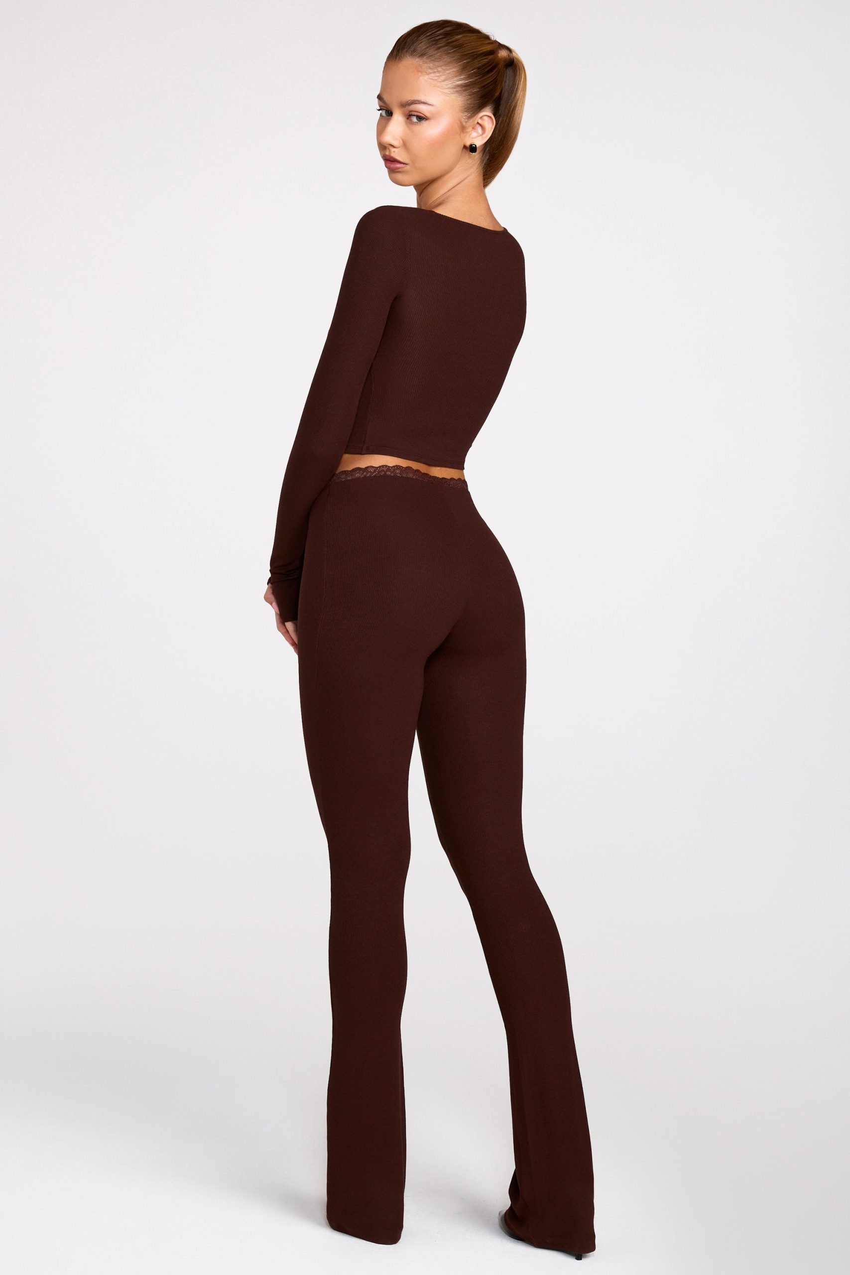 Modal Mid-Rise Flared Trousers in Chocolate Brown - Image 7