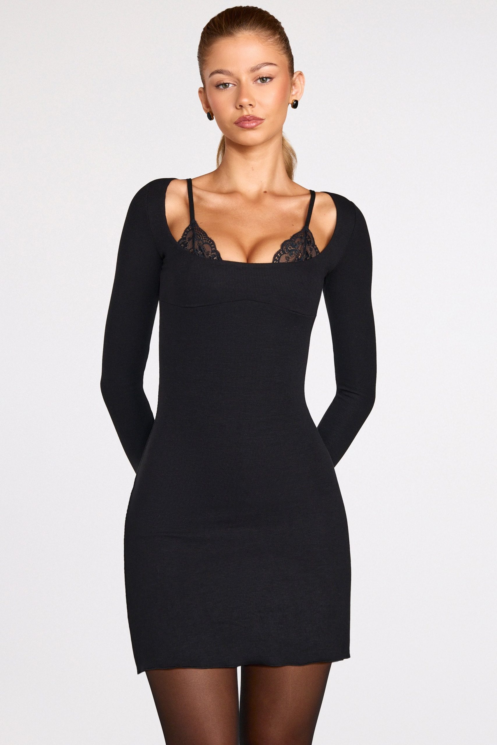 Ribbed Modal Long-Sleeve Laced Bra Mini Dress in Black - Image 6
