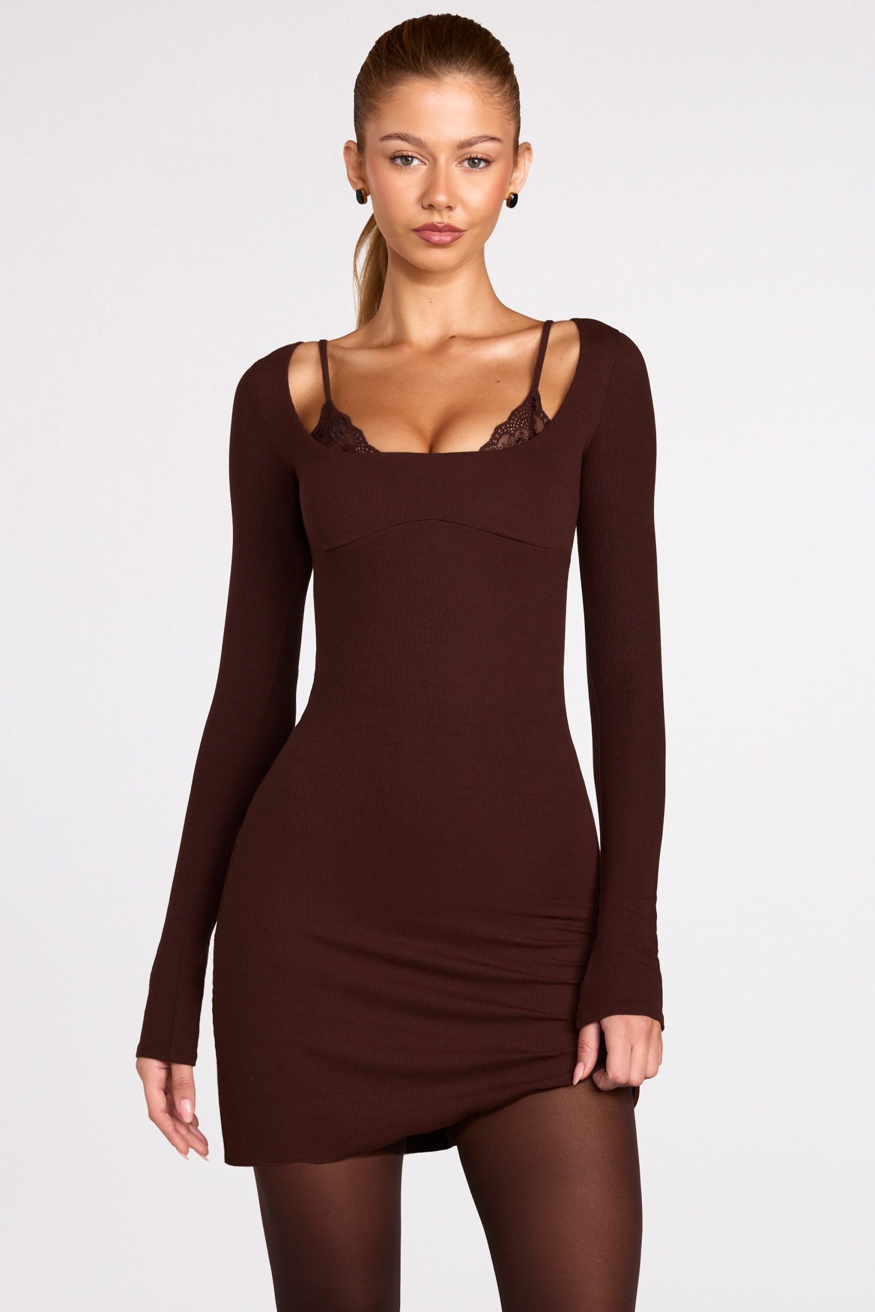 Ribbed Modal Long-Sleeve Laced Bra Mini Dress in Chocolate Brown - Image 11