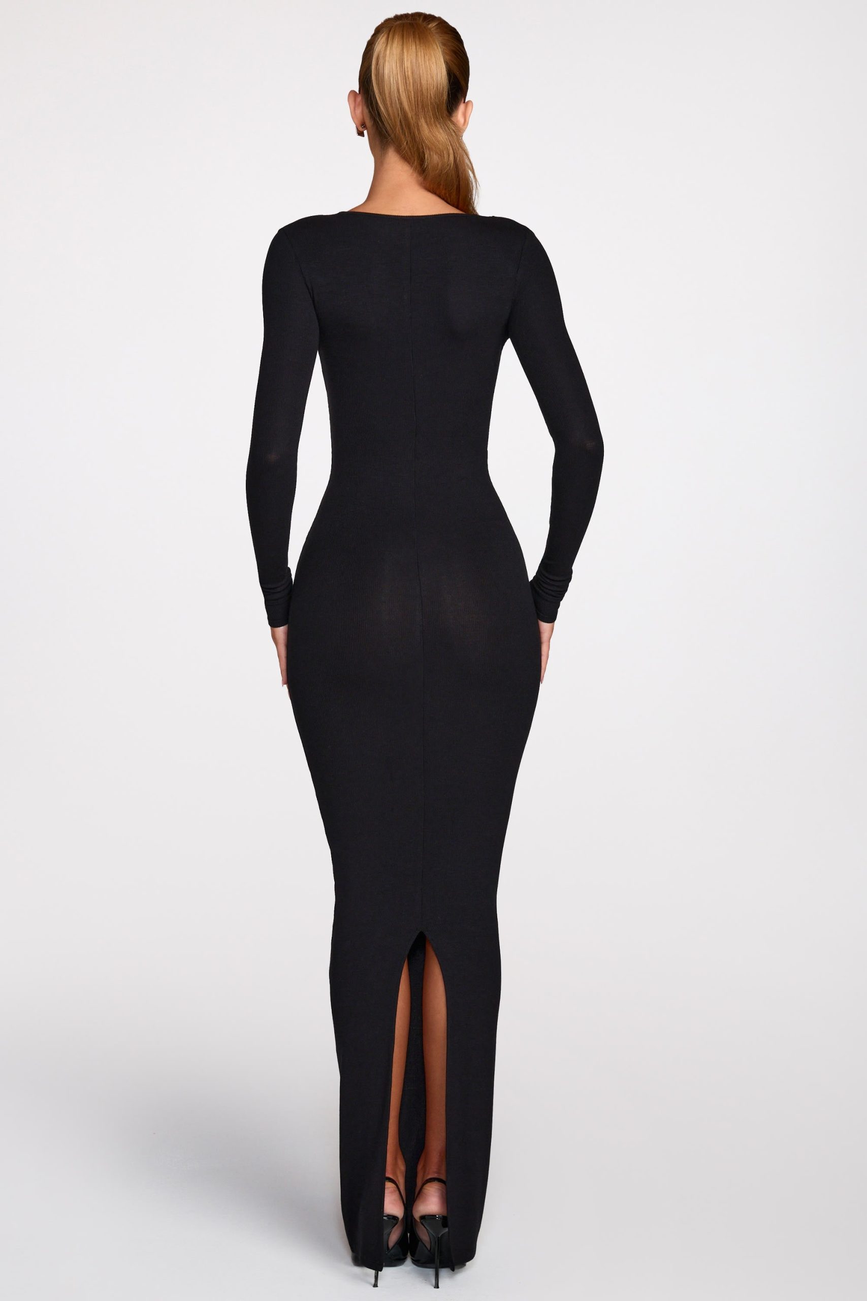 Ribbed Modal Long-Sleeve Plunge Maxi Dress in Black - Image 3