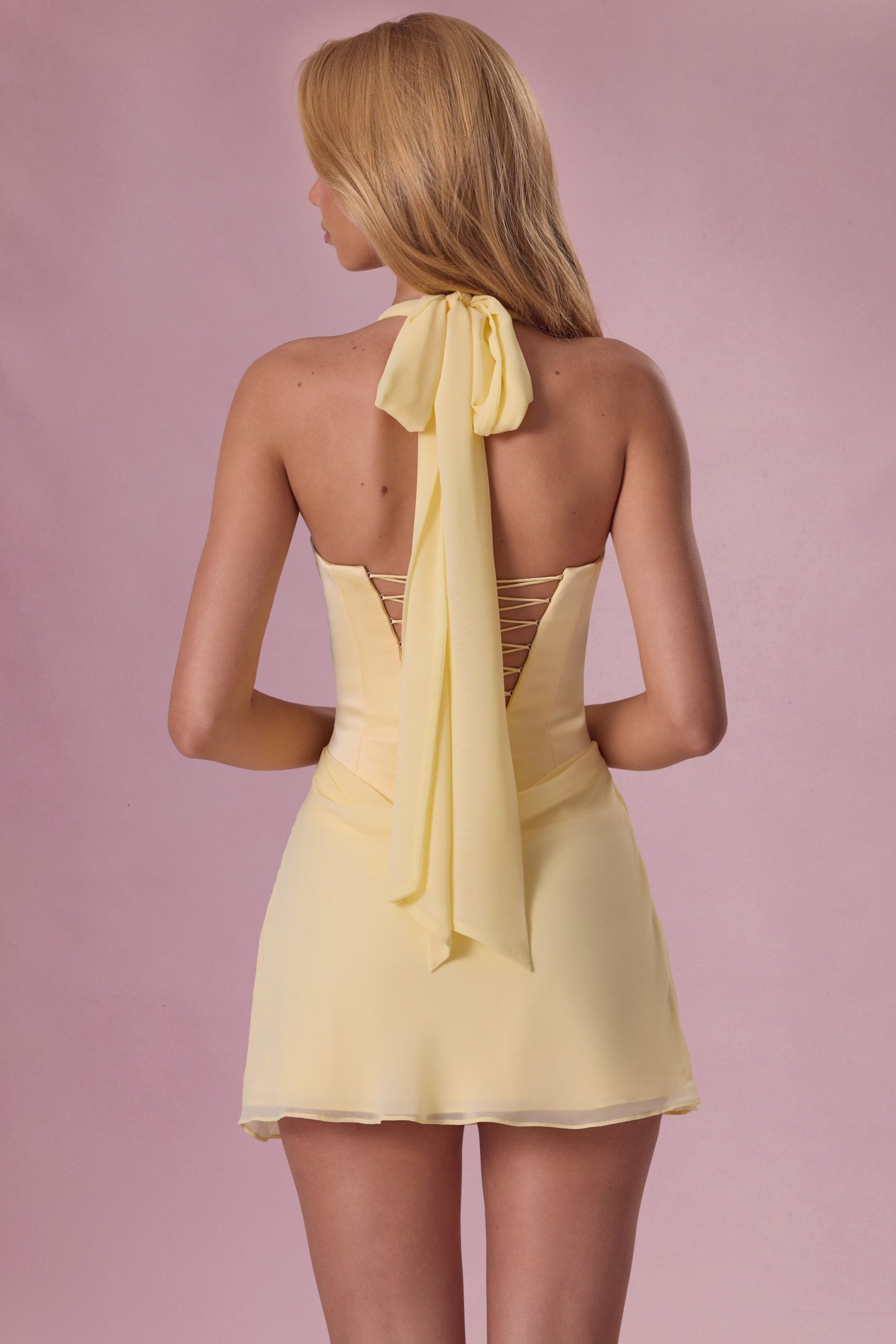 Premium Satin Draped Mini Dress in Butter Yellow - Image 6