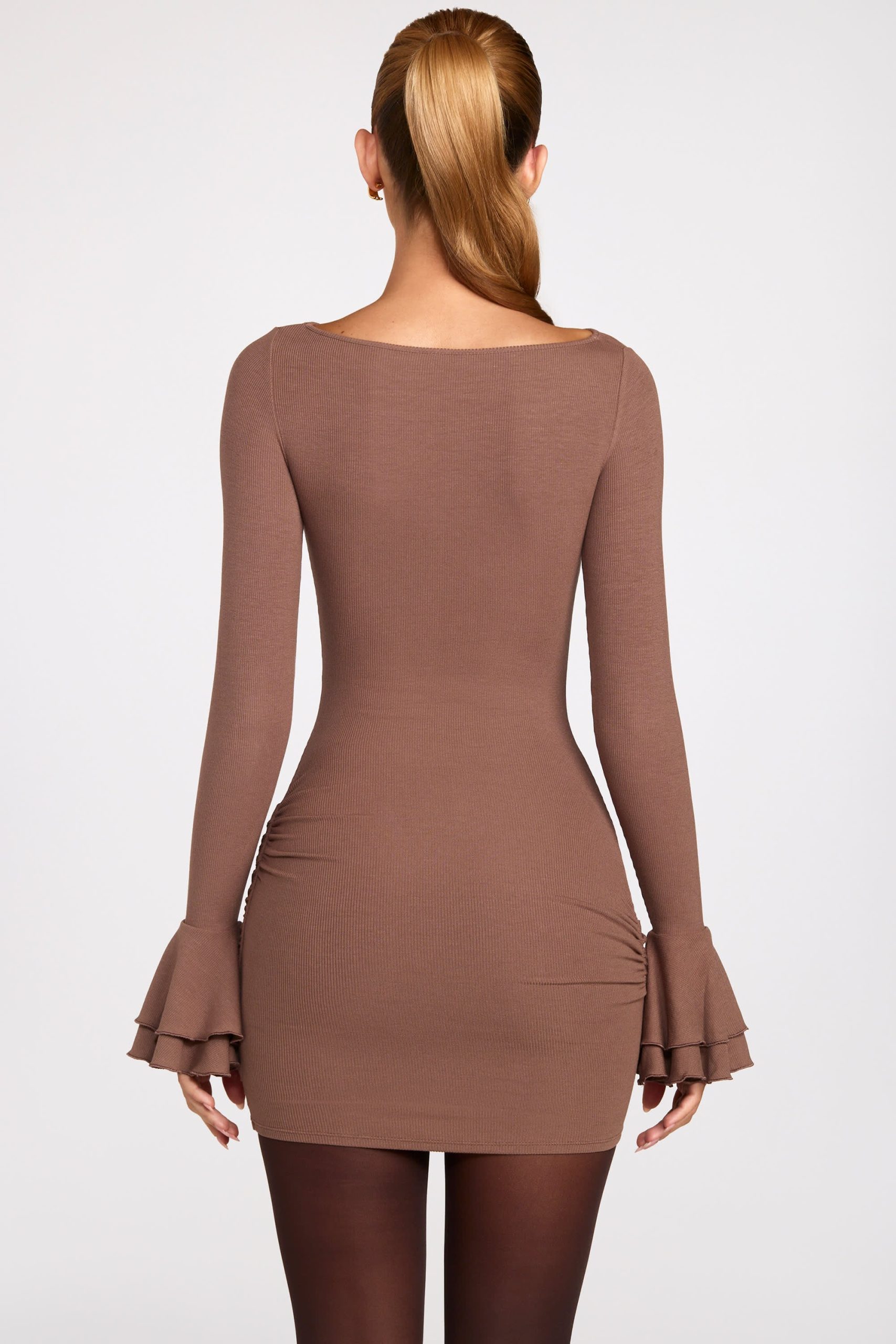 Ribbed Modal Long-Sleeve Draped Mini Dress in Mocha - Image 3