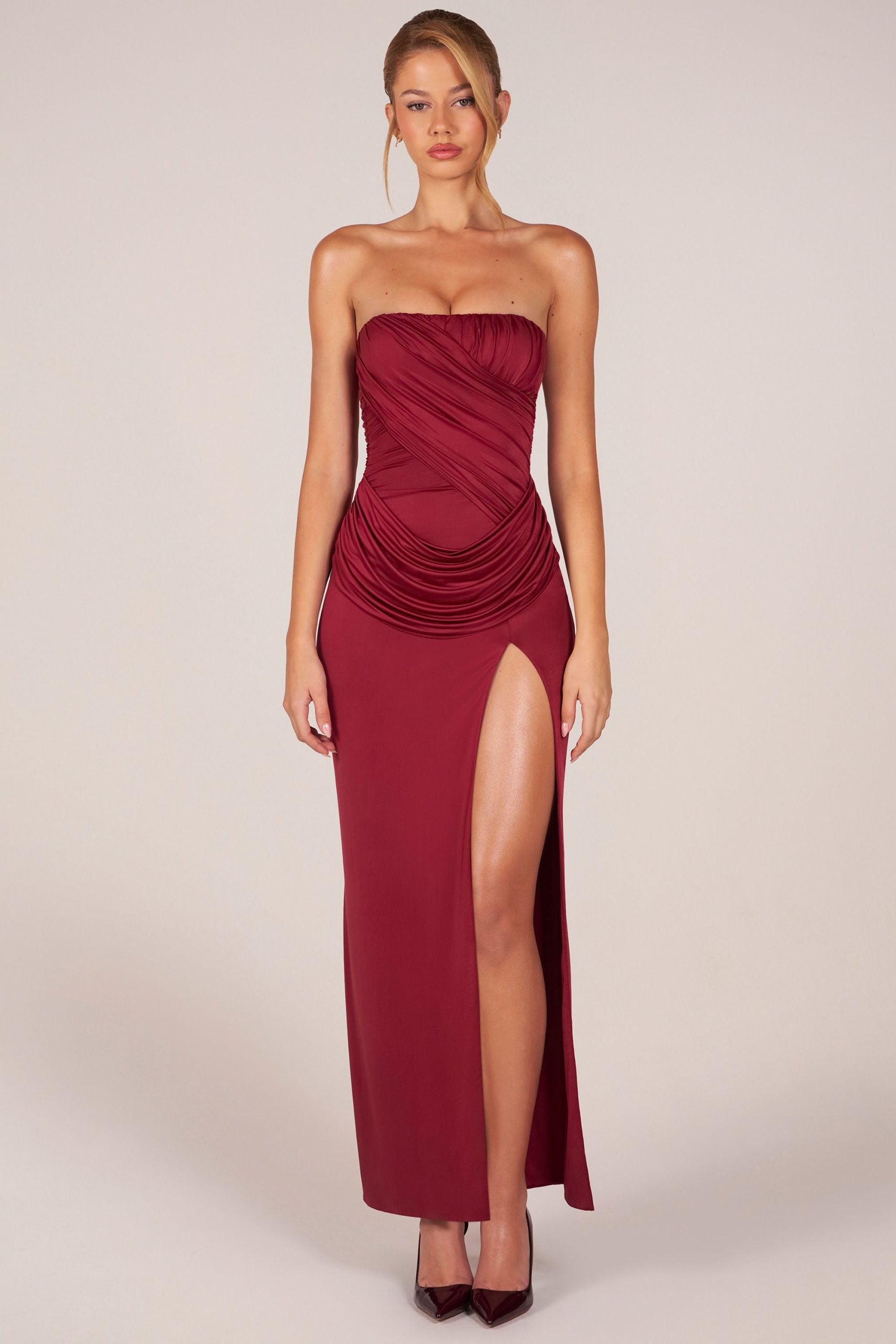 Bandeau Draped Thigh-High Maxi Dress in Cherry Red - Image 6