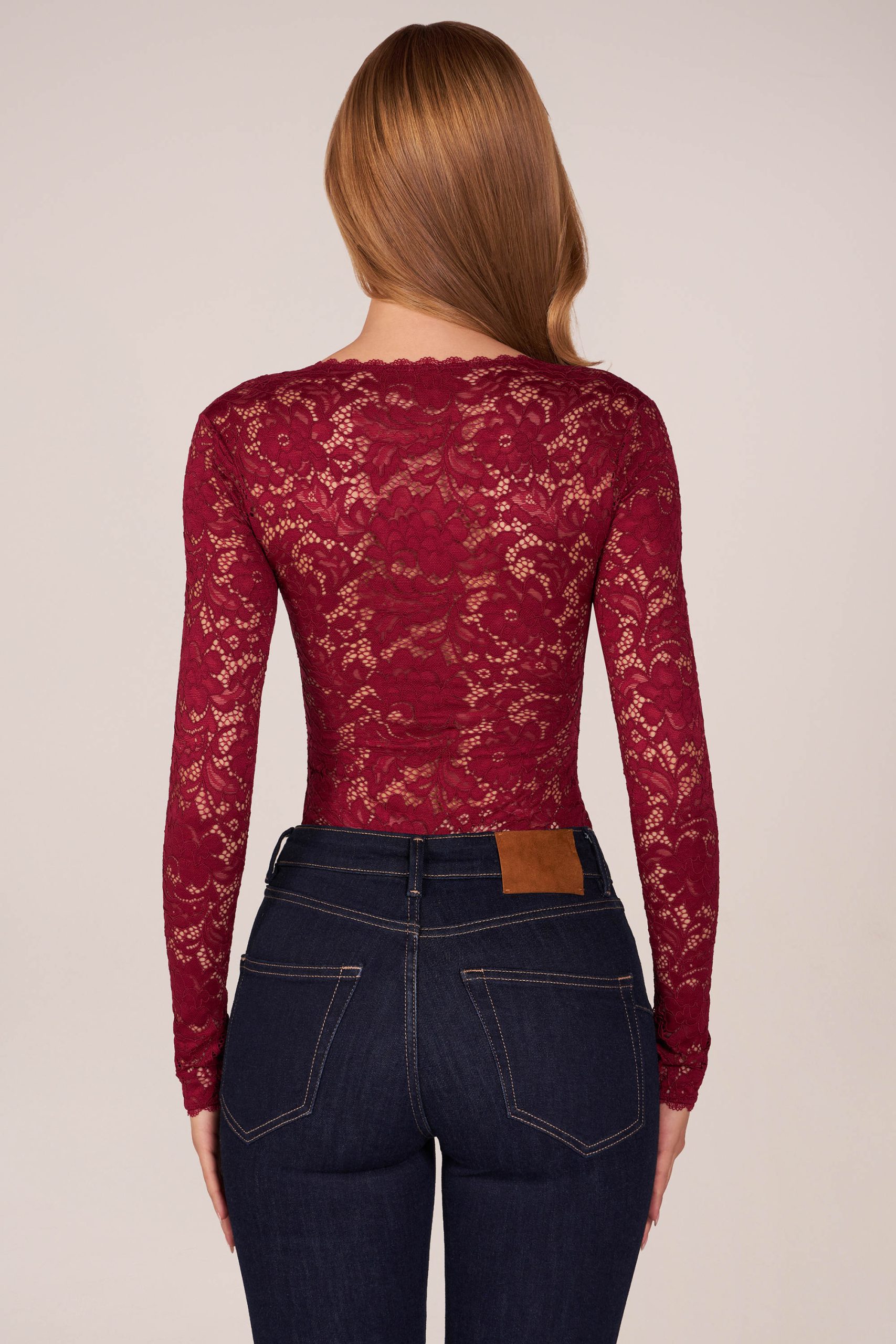Long-Sleeve Laced Bodysuit in Cherry Red - Image 3