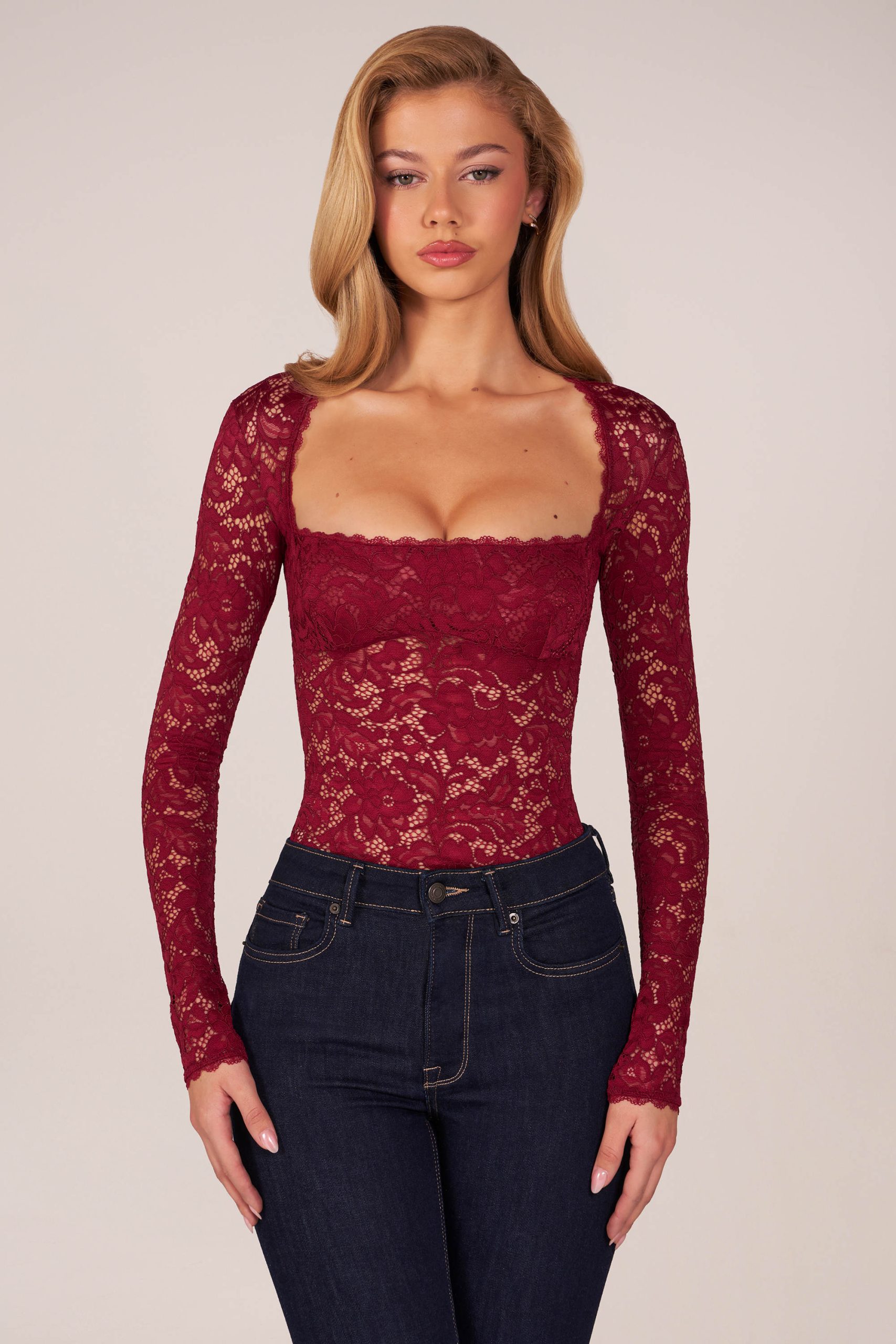 Long-Sleeve Laced Bodysuit in Cherry Red - Image 7