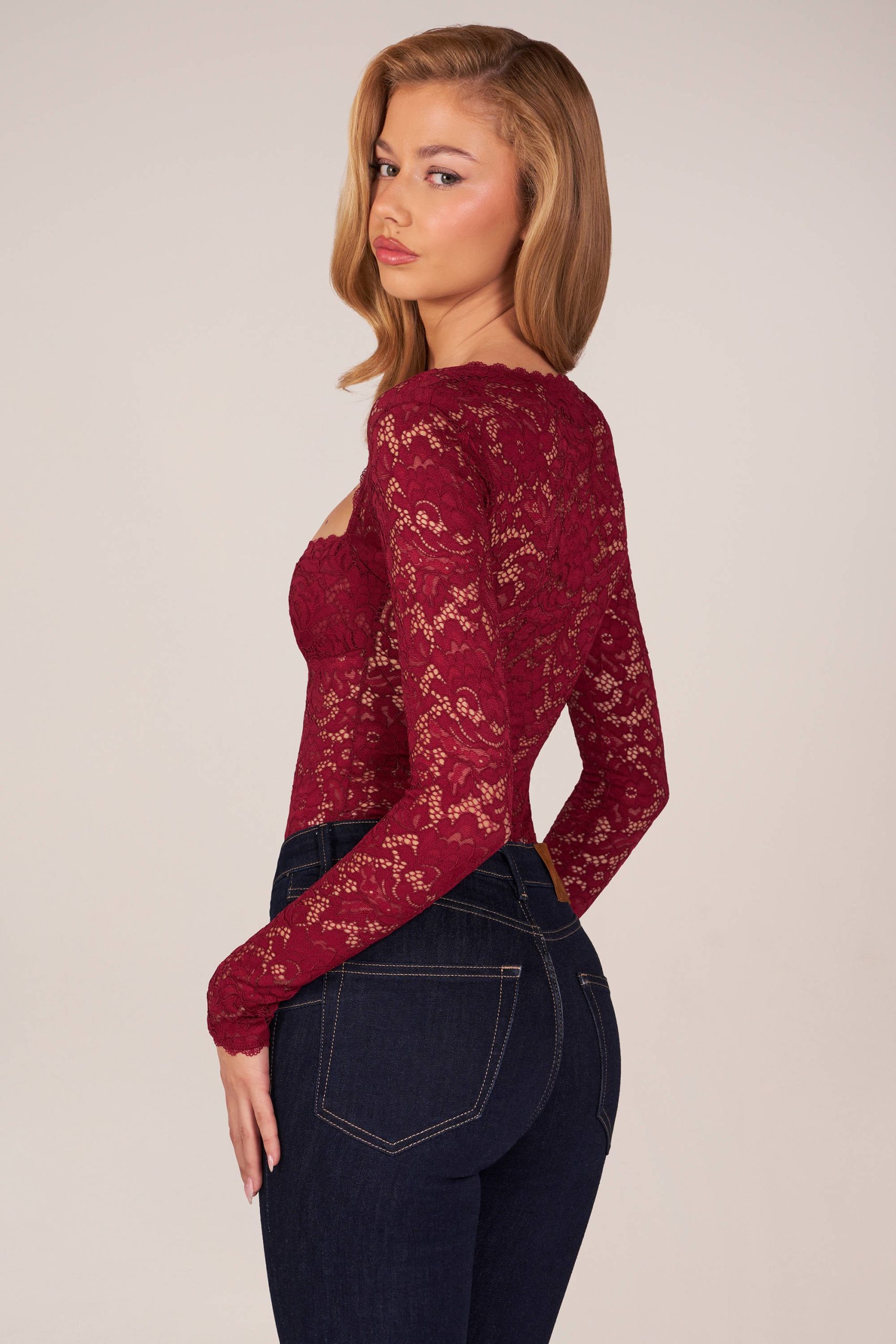 Long-Sleeve Laced Bodysuit in Cherry Red - Image 8