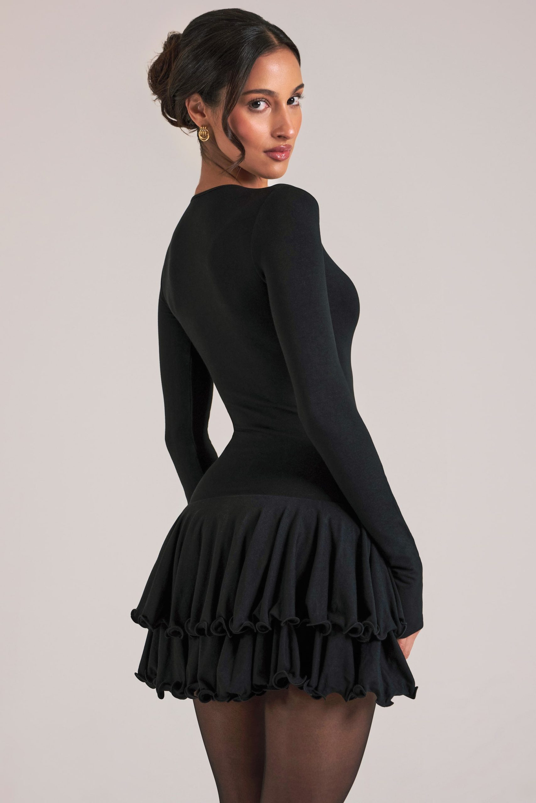 V-Neck Ruffle Skirt Mini Dress in Black - Image 6