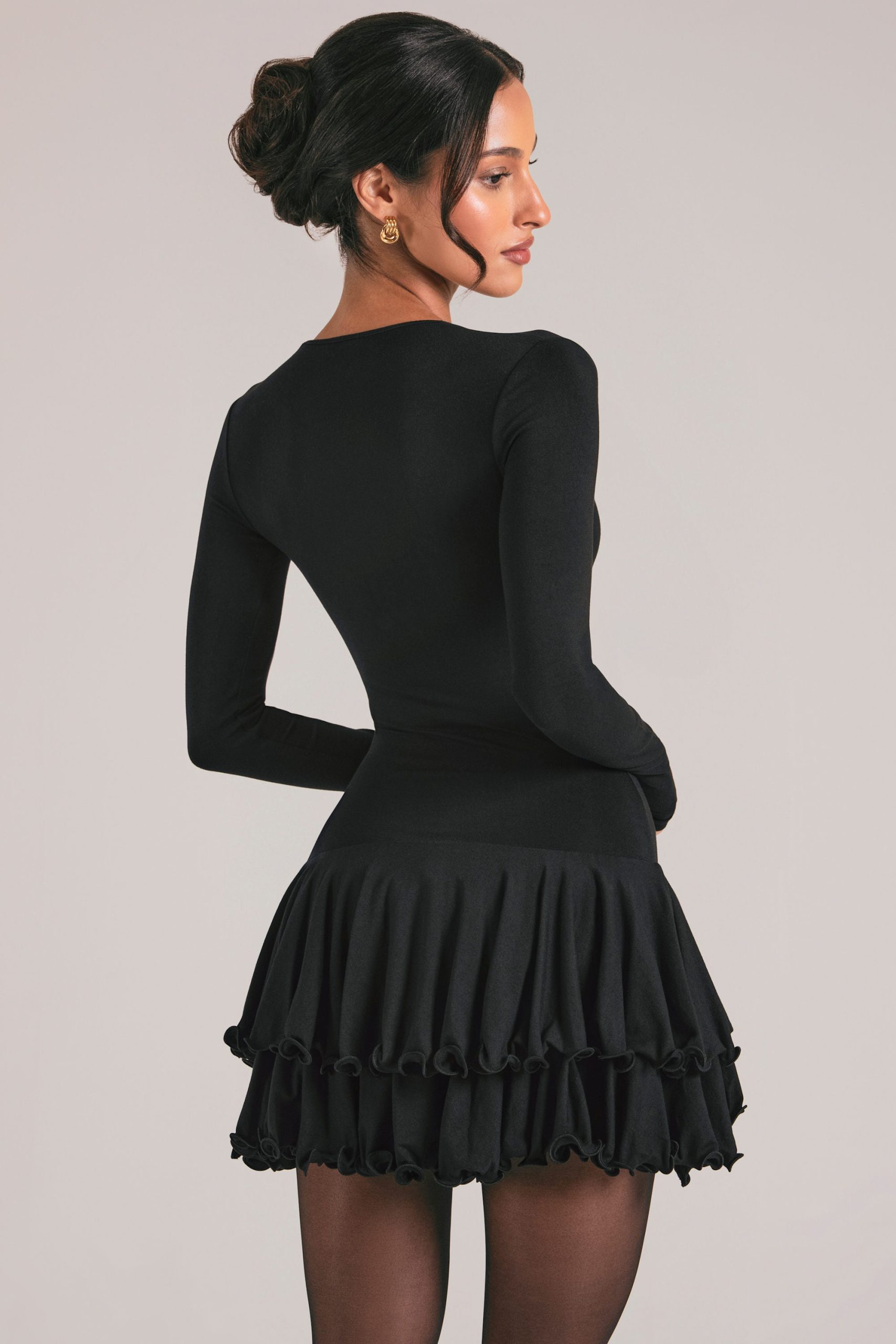 V-Neck Ruffle Skirt Mini Dress in Black - Image 2