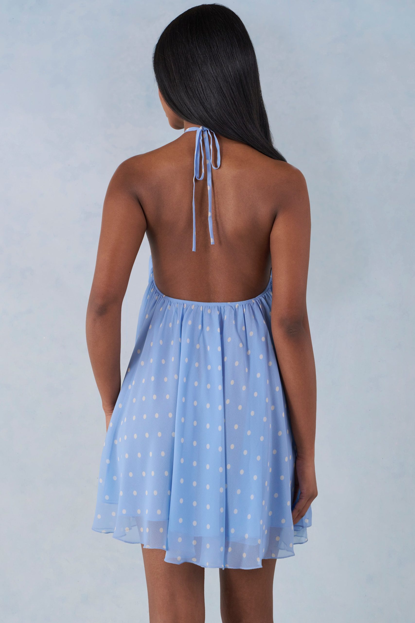 Halterneck Babydoll Mini Dress in Blue Polka Dot Print - Image 5