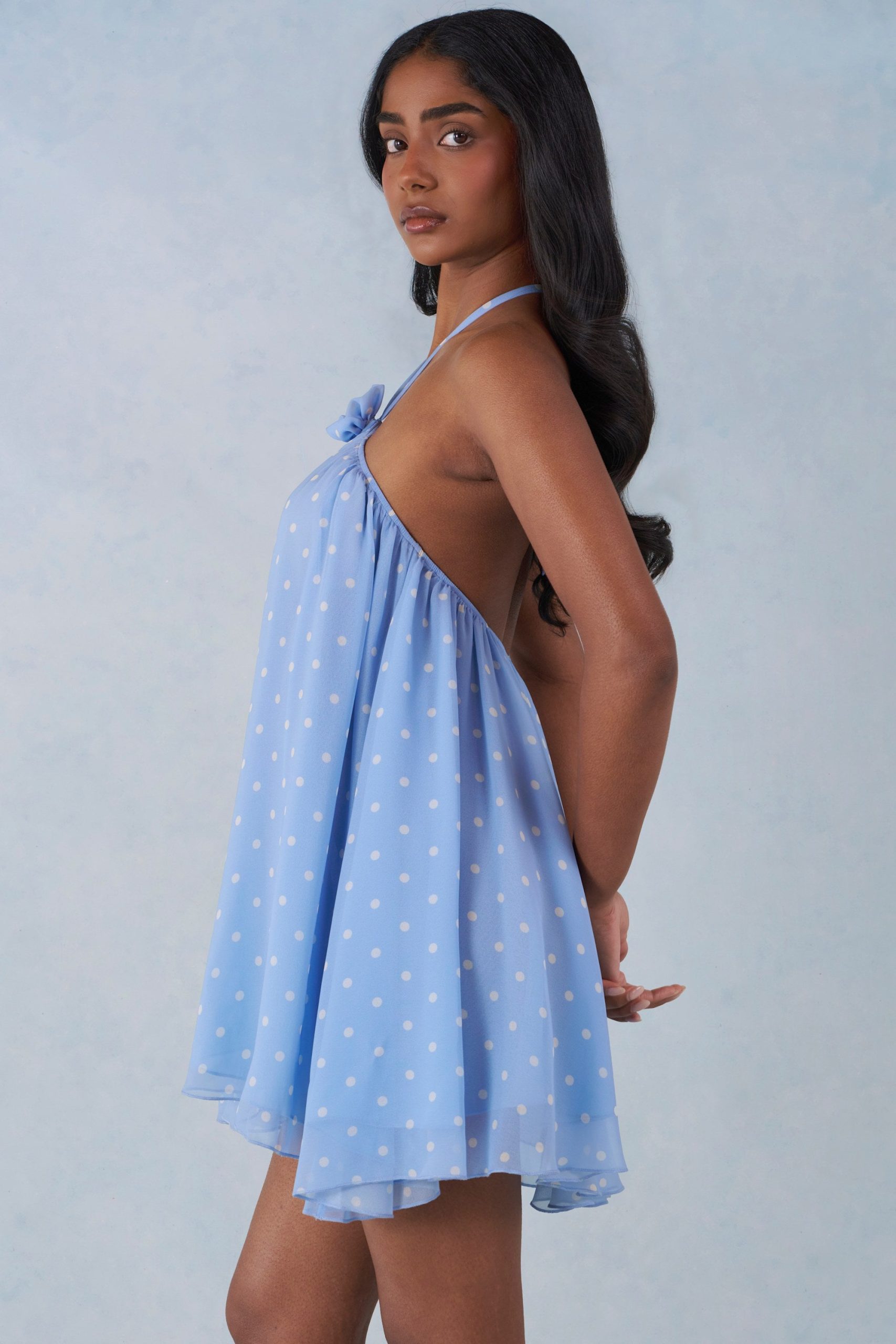 Halterneck Babydoll Mini Dress in Blue Polka Dot Print - Image 3