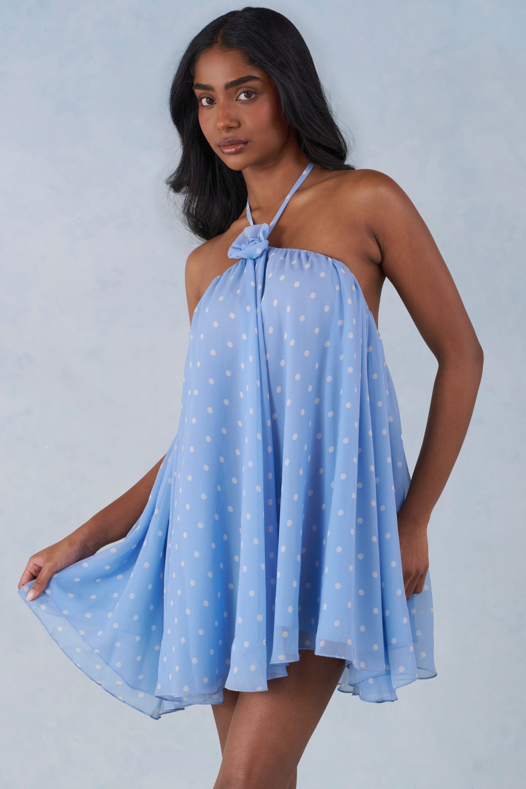 Halterneck Babydoll Mini Dress in Blue Polka Dot Print - Image 6